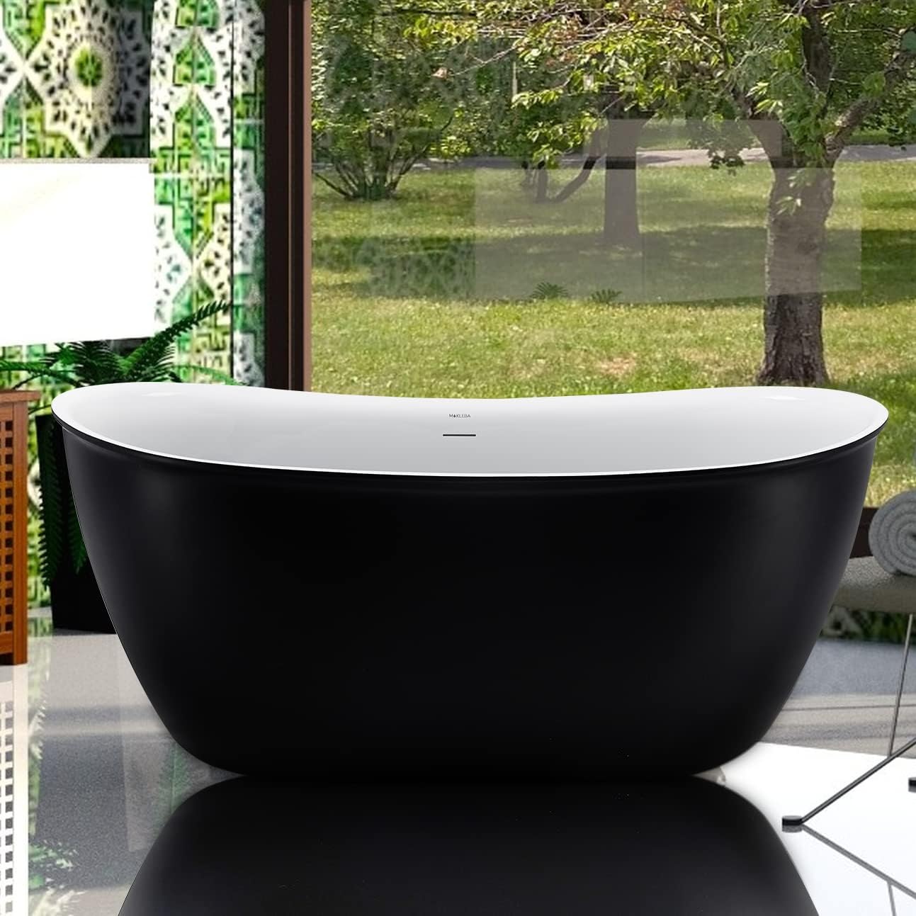 59' Lucite Acrylic Freestanding Bathtub, Double Slipper Shape Contemporary Soaking Tub with Toe-tap Chrome Center Drain, Slotted Overflow, cUPC Certified,Matte Black