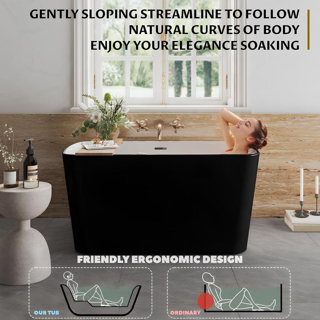 49 Inch Freestanding Bathtub Acrylic Deep Soaking Tub with Chrome Overflow & Drain, Compact Sit-In Design for Small Bathroom Renovation, Easy Install Modern (Black & Gloss White Finish)