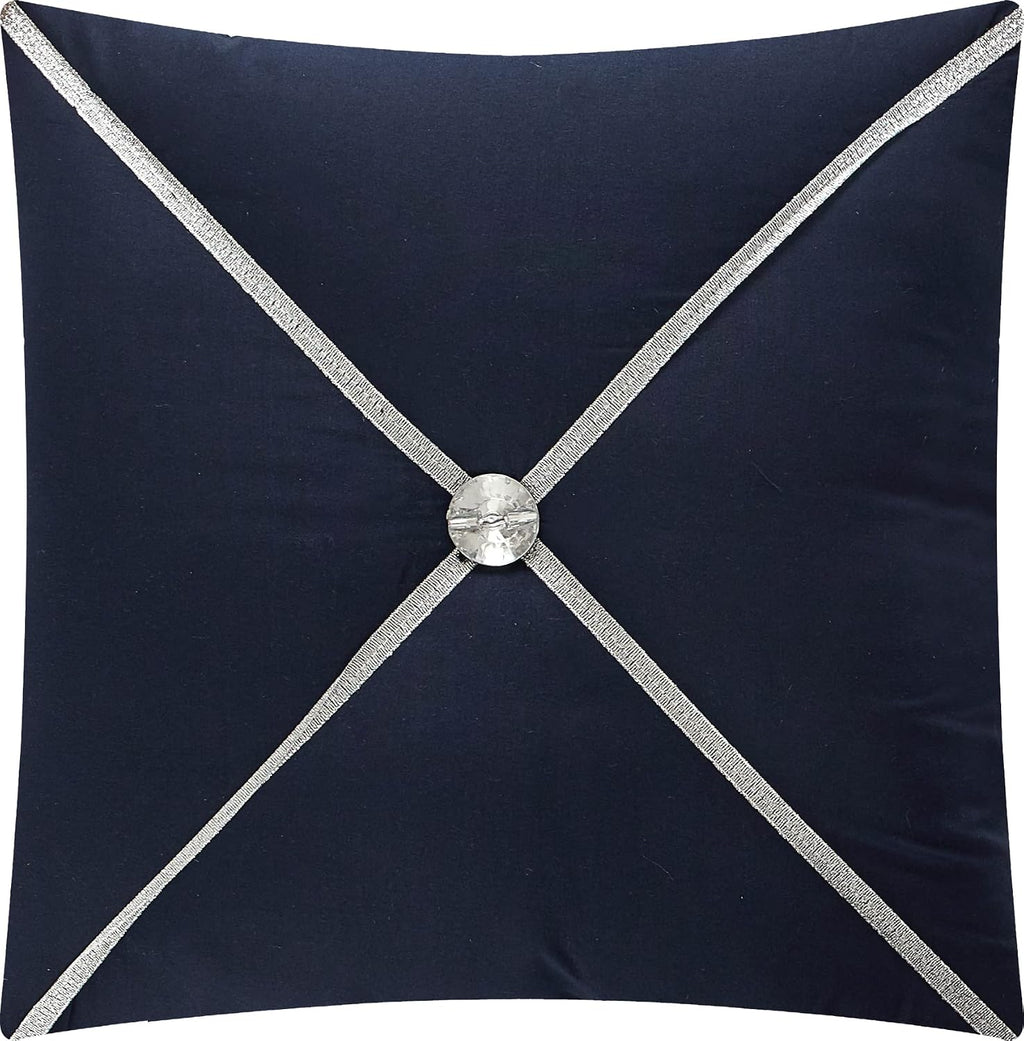 Grand Avenue Navy Damask Patchwork Comforter Sets King Size Bed, 7 Piece, Chain Stitching Embroidery Ultra Soft, Premium Microfiber, All Season