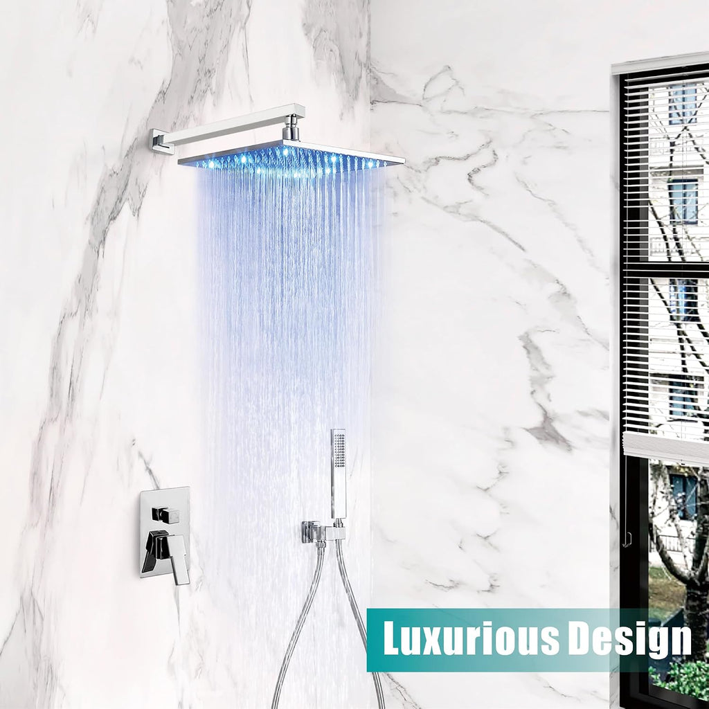 SKOWLL Shower Faucet Set with Handheld, Wall Mount 12 Inch Chrome Shower Head System, LED Overhead Shower Combo Set Rough-in Valve and Trim Included