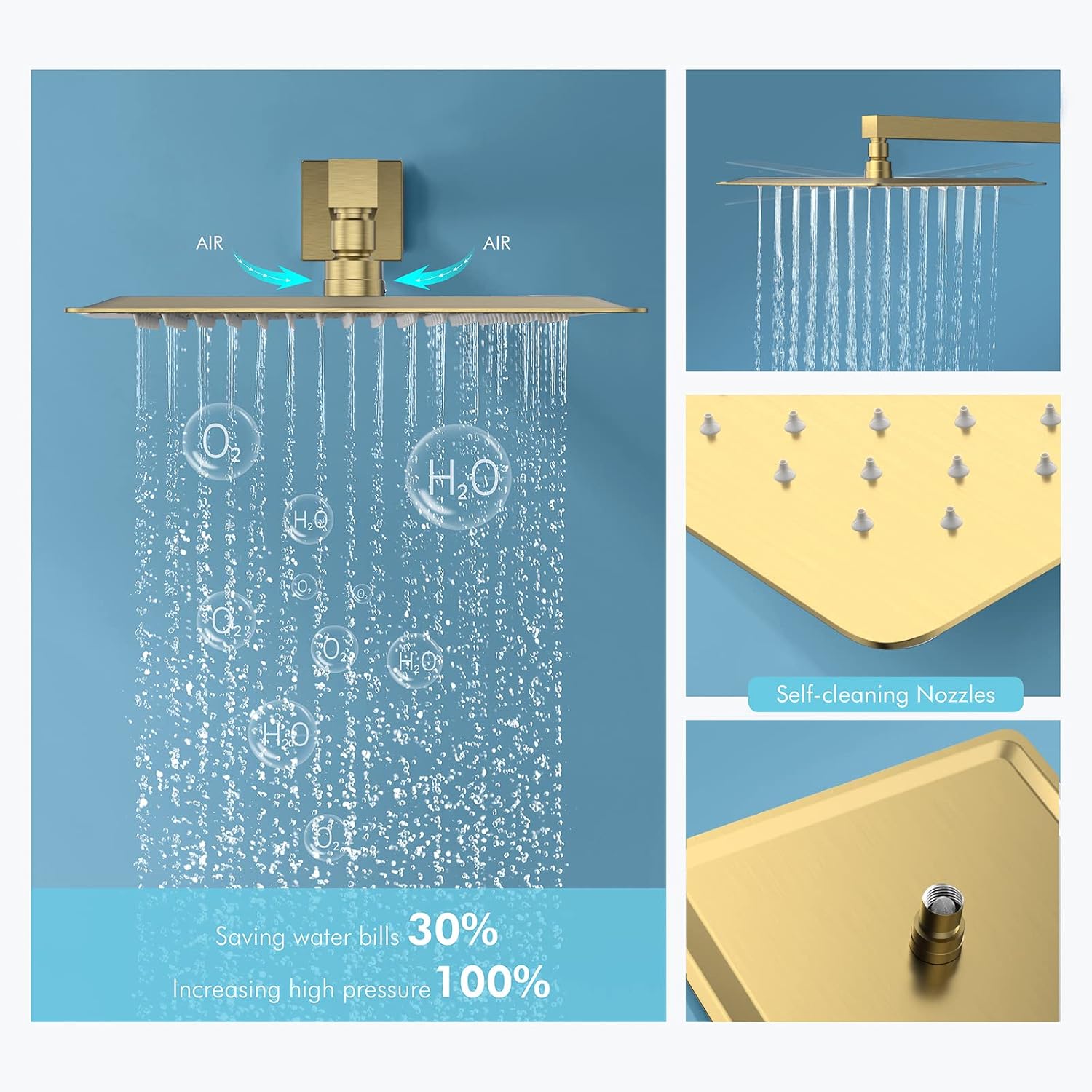 Brushed Gold Shower System with Body Jets，Bostingner 12' Rain Shower and Handheld, Can Use All Spray at A Time,Wall Mount Push Button Shower Faucet Set with Valve and Trim Kit Included