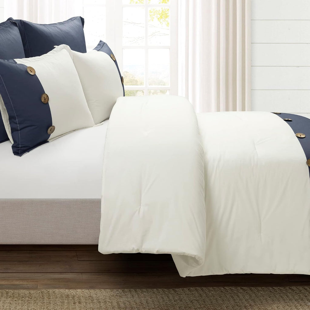 Lush Decor Linen Button Farmhouse 5 Piece Comforter Set, Full/ Queen, Navy - Rustic Chic Bedding Set With Euro Shams - Modern Color Block Design With Coconut Husk Button Detail