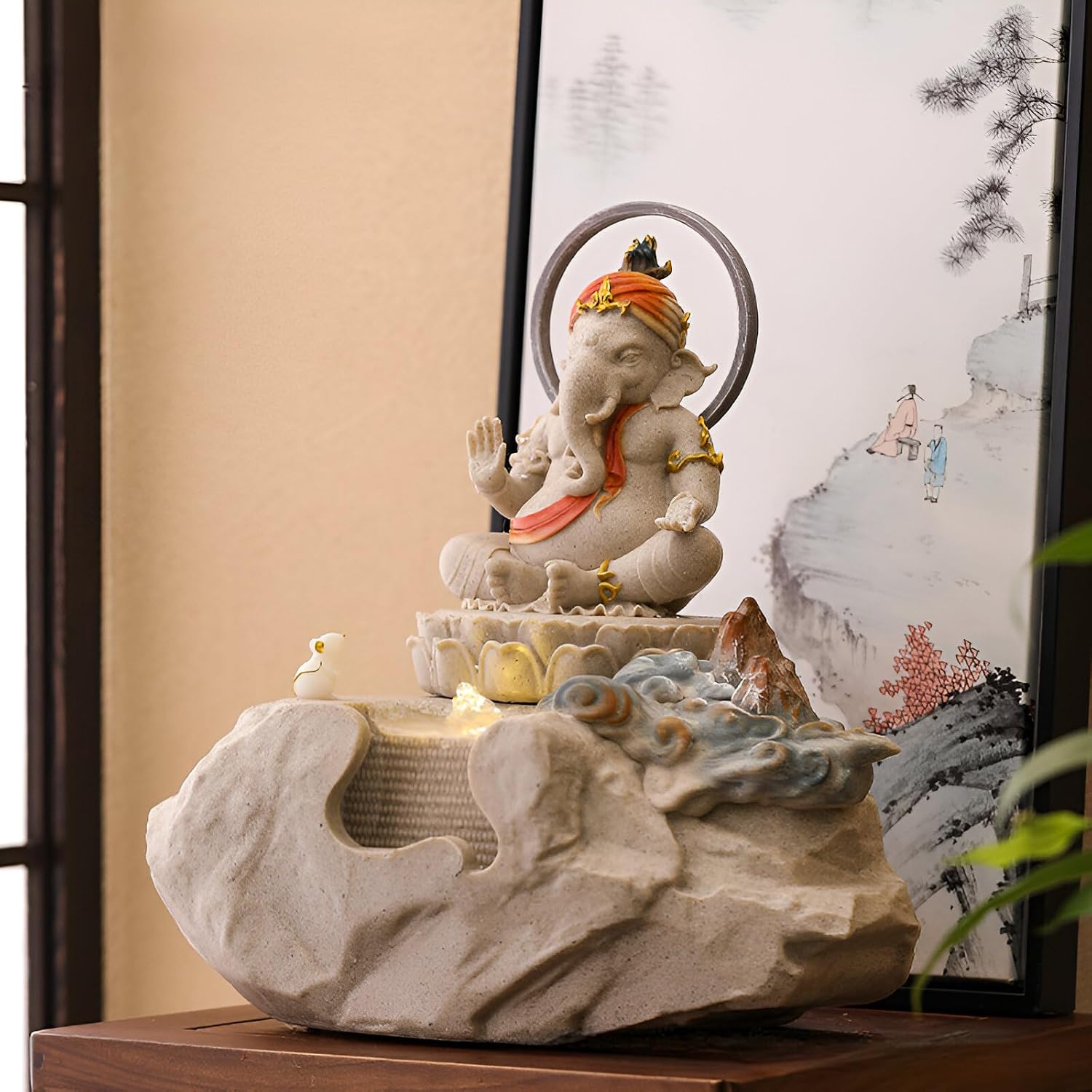 Zen Buddha Tabletop Fountain with LED Lights & Crystal Accents – Indoor Meditation Waterfall Feature with Cascading Water for Home, Office, Living Room or Bedroom – Free 10 Free Crystals (Style 4)