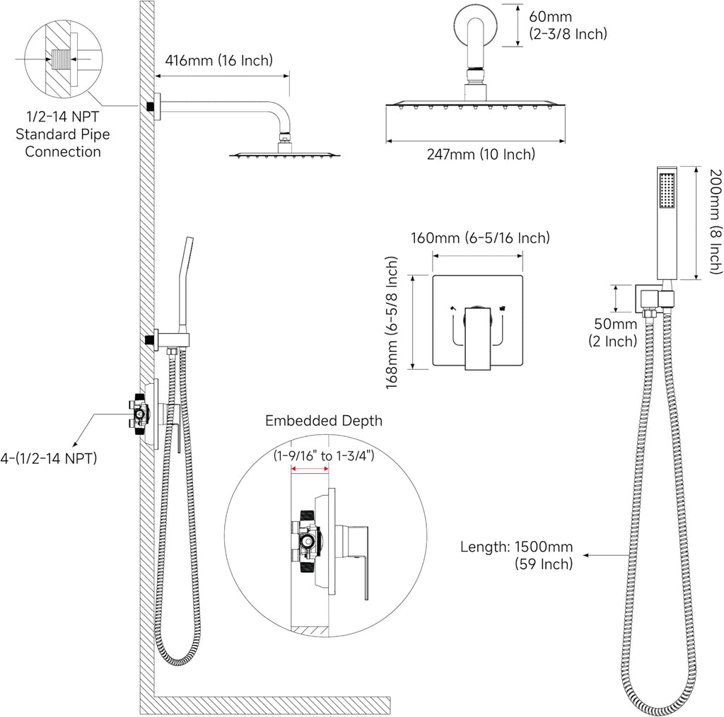 EMBATHER Shower System,10'Shower Faucet Set with Rain Shower Head and Handheld Spray Combo,Included Valve and Trim Kit,Mattle Black