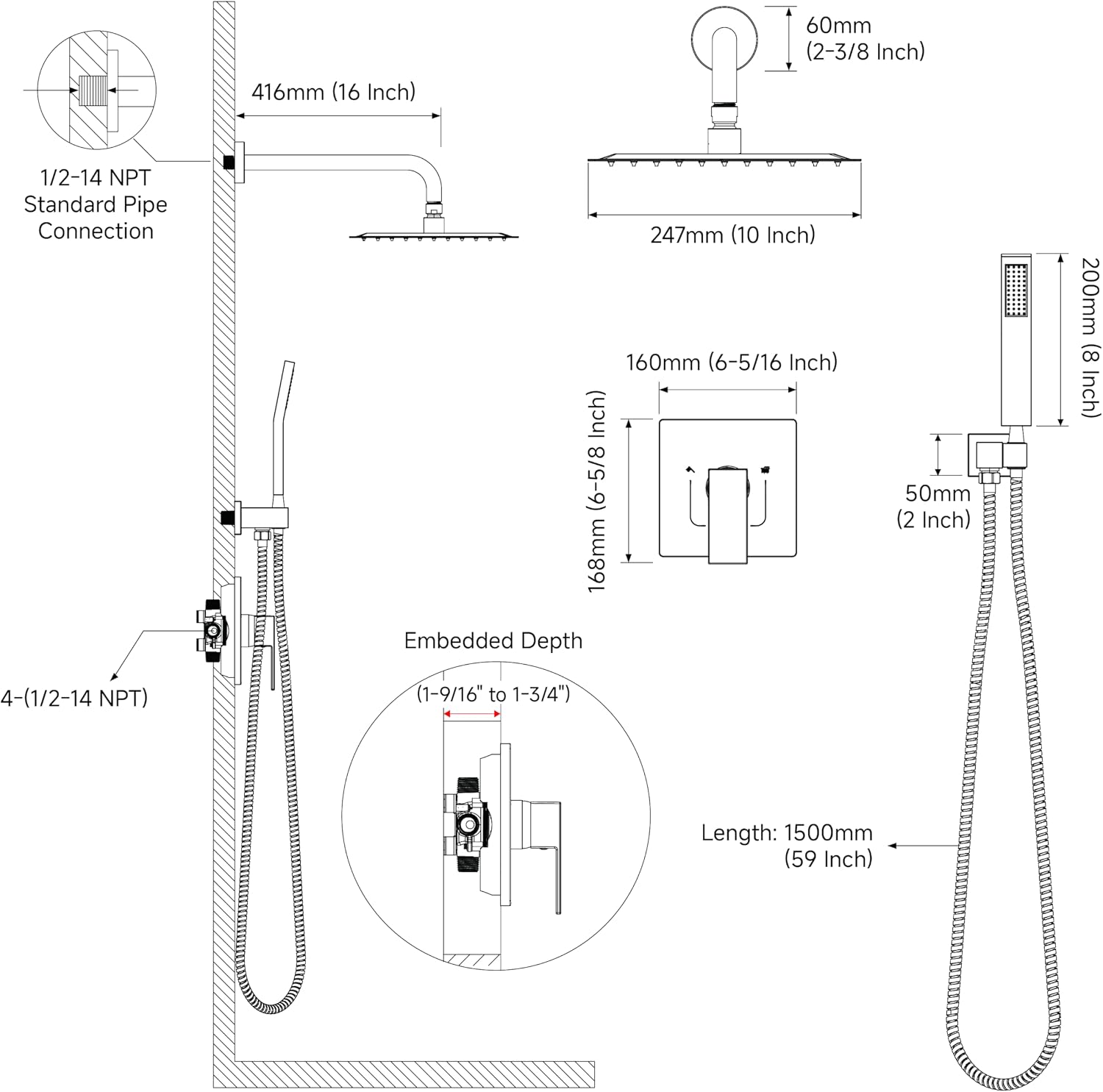 EMBATHER Shower System,10'Shower Faucet Set with Rain Shower Head and Handheld Spray Combo,Included Valve and Trim Kit,Mattle Black