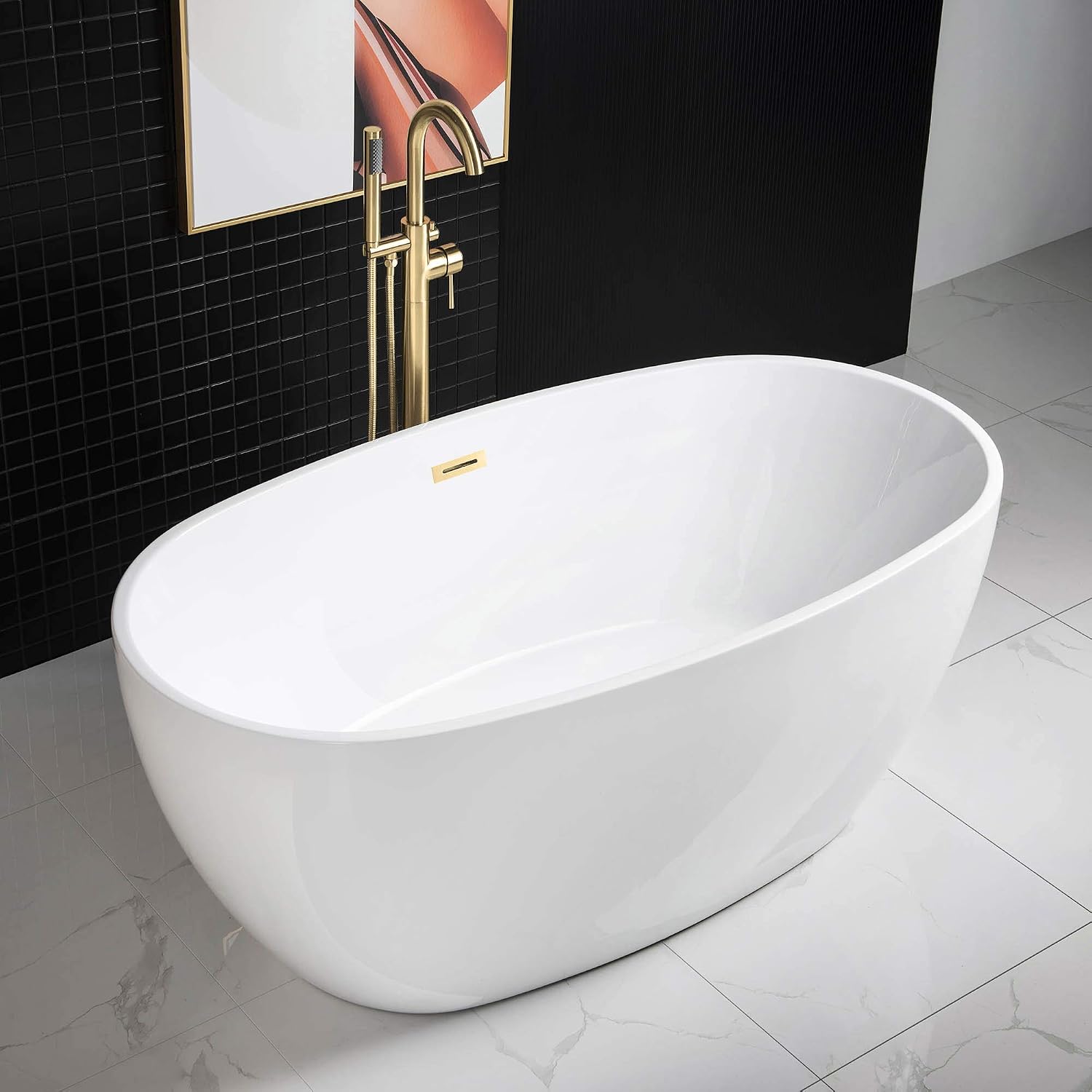 WOODBRIDGE 59'Freestanding White Acylic Soaking Bathtub with Brushed Gold Drain and Overflow,BTA1518 -BG-Drain &O