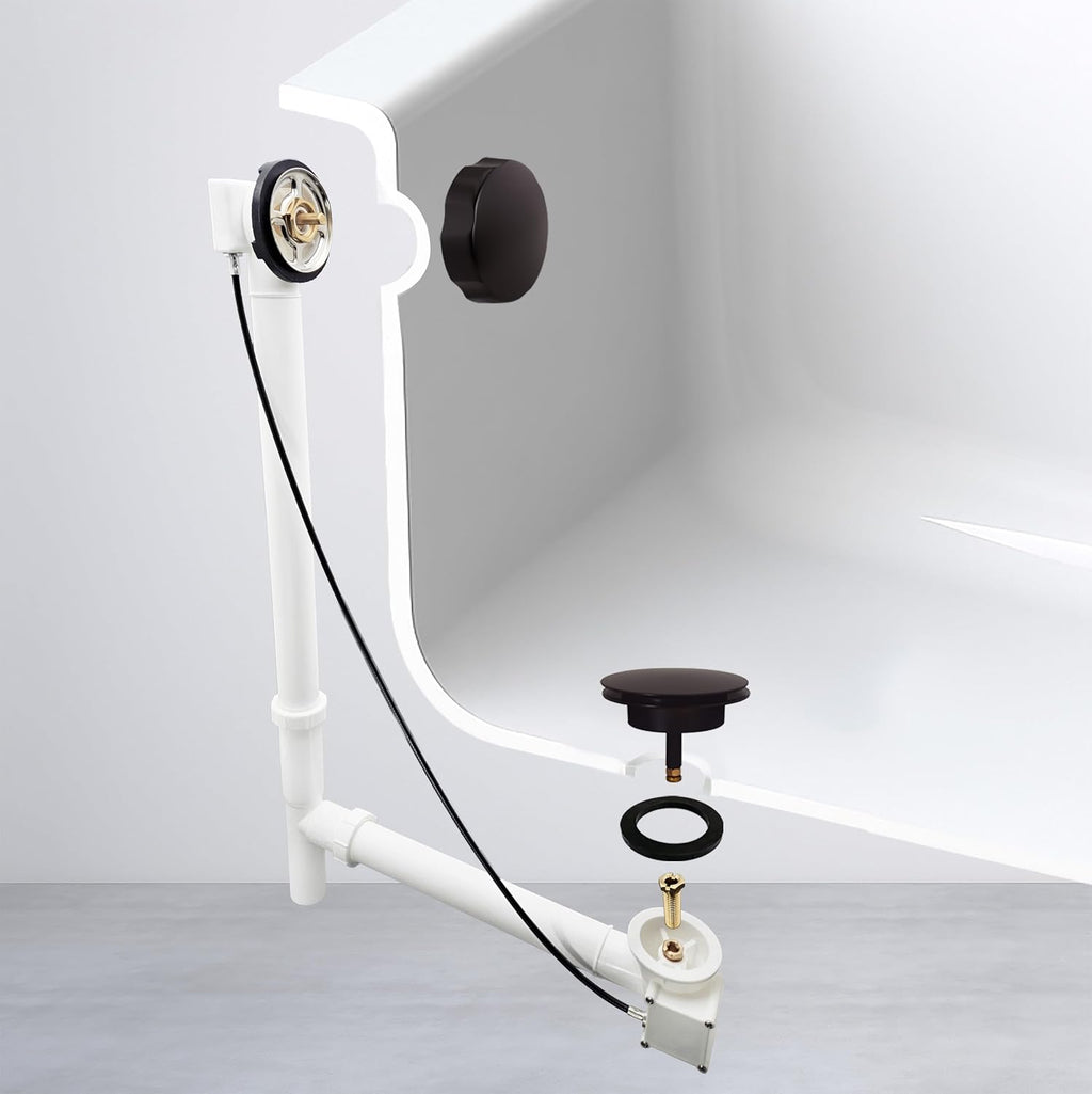 Westbrass A50P27TLE-12 27' Cable Drive Bath Drain Trim Kit with Rotary Overflow Cover Knob, European Stopper and Poly Tubular Pipes, Oil Rubbed Bronze