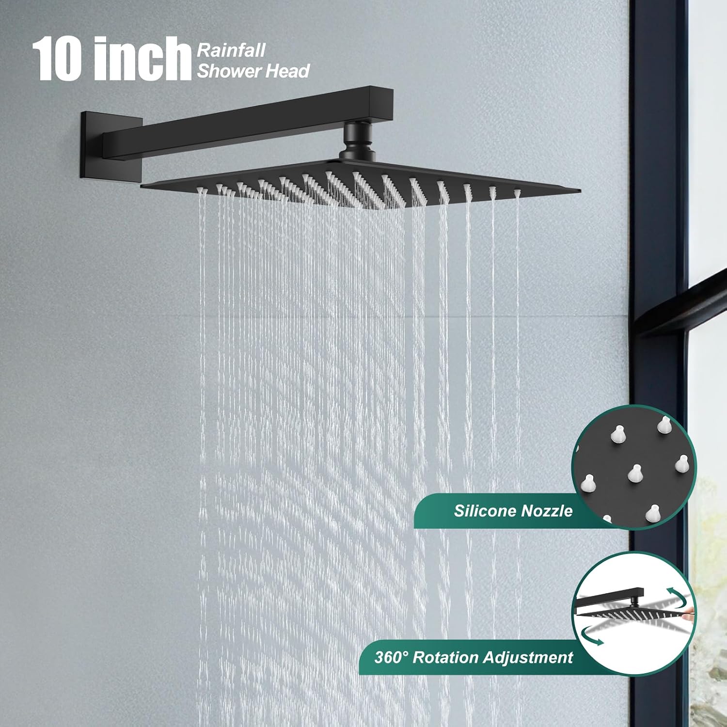 Heyalan Shower System Square Rain Shower System Head Shower Faucet Fixture 2 in 1 Handheld Shower Sprayer Rough in Valve Wall Mount Bathroom Rainfall Combo Set High Pressure,10 Inch,Matte Black