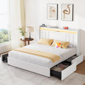 koorlian King Size Bed Frame with Storage, 51'' Tall Headboard Upholstered Platform Bed with 4 Dustproof Drawers, 2-Tier Storage Headboard Wingback, LED Light, Charging Station, Easy Assembly, White