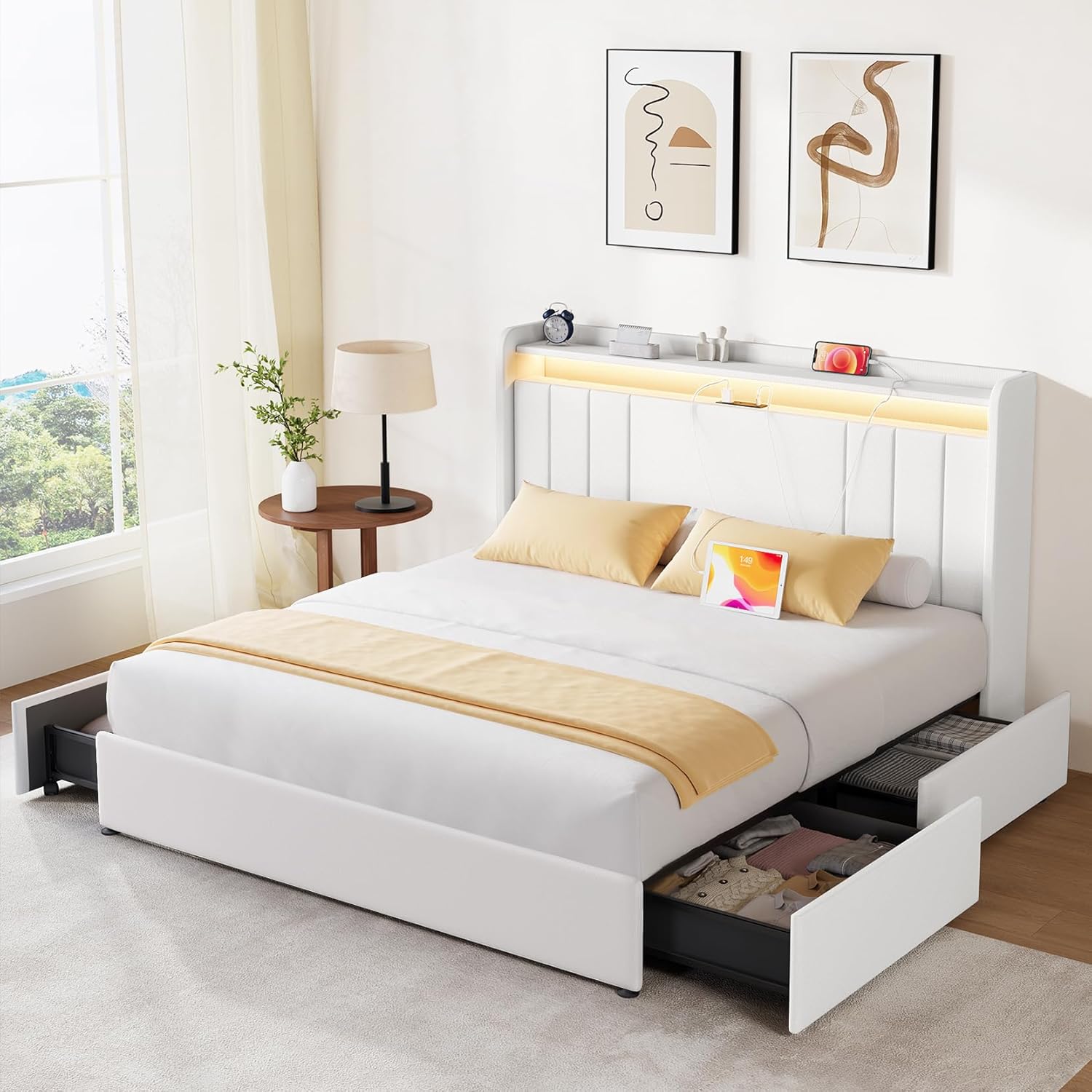 koorlian King Size Bed Frame with Storage, 51'' Tall Headboard Upholstered Platform Bed with 4 Dustproof Drawers, 2-Tier Storage Headboard Wingback, LED Light, Charging Station, Easy Assembly, White