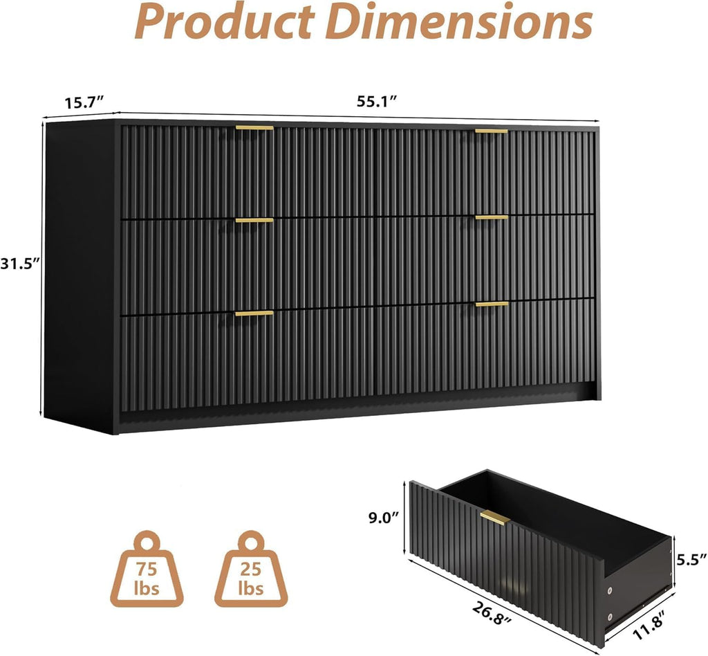 MAISONARIA 3-Piece Dresser Bedroom Set, 6 Drawer Dresser & 3 Drawer Nightstands with Gold Handles, Fluted Wood Chest of Drawers for Bedroom, Living Room, Entryway, Black