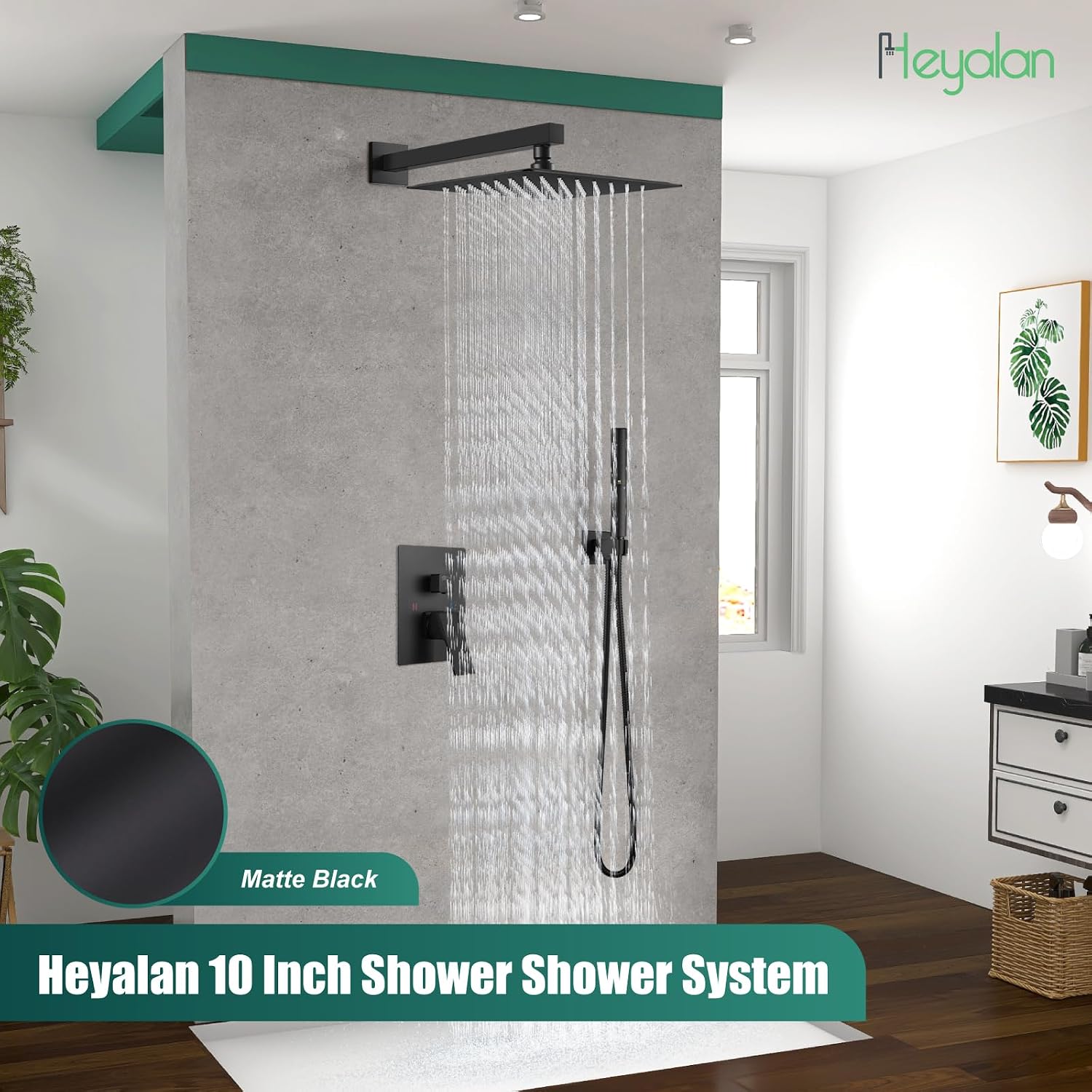 Heyalan Shower System Square Rain Shower System Head Shower Faucet Fixture 2 in 1 Handheld Shower Sprayer Rough in Valve Wall Mount Bathroom Rainfall Combo Set High Pressure,10 Inch,Matte Black