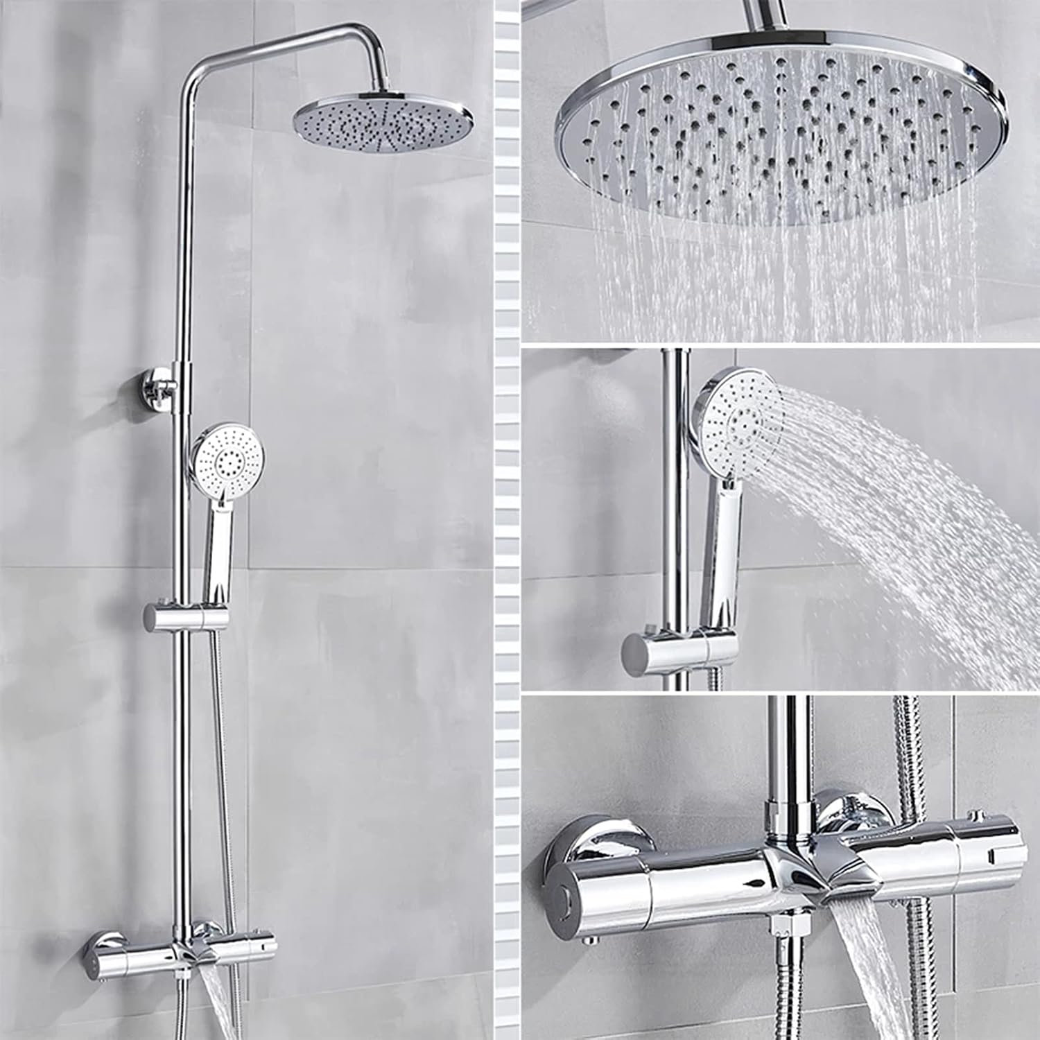 Shower Fixtures Thermostatic Brass Chrome Faucets Sets 3 Function Wall Mounted Exposed System Complete Set with Waterfall Tub Faucet