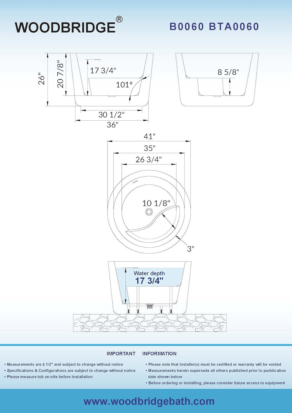 WOODBRIDGE 41' Acrylic Freestanding Bathtub Contemporary Soaking Tub, White Acrylic,Brushed Nickel Drain/Overflow