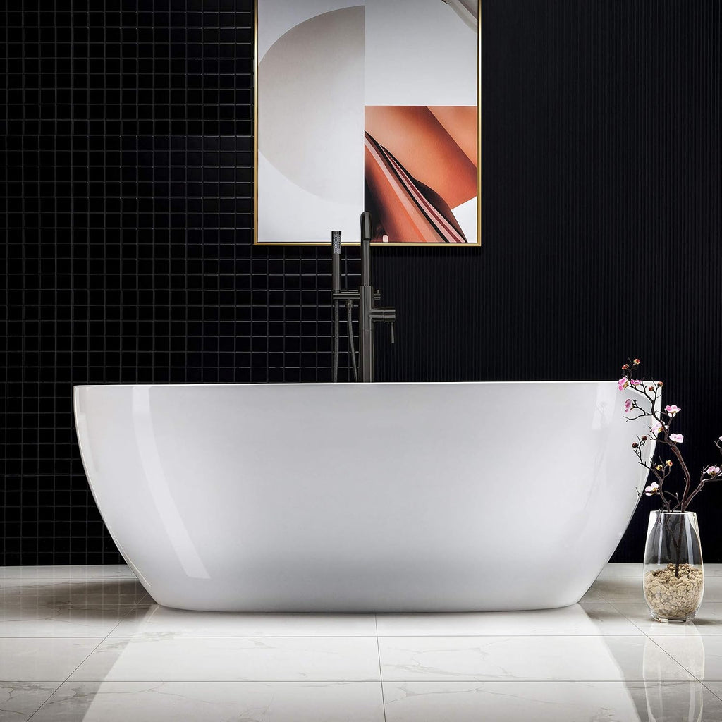 WOODBRIDGE 67' Acrylic Freestanding Bathtub Contemporary Soaking White Tub with Oil Rubbed Bronze Overflow and Drain，BTA1528-ORB