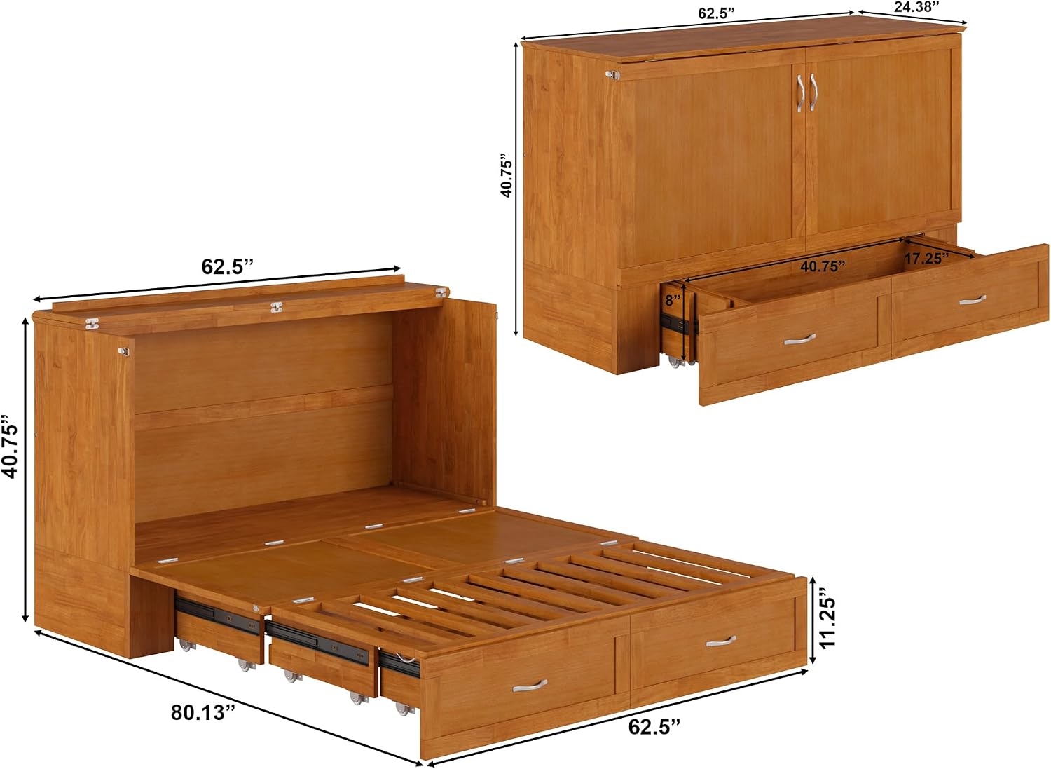 AFI Hamilton Queen Murphy Bed Chest with Mattress, Storage, and Built-in Charger in Light Toffee