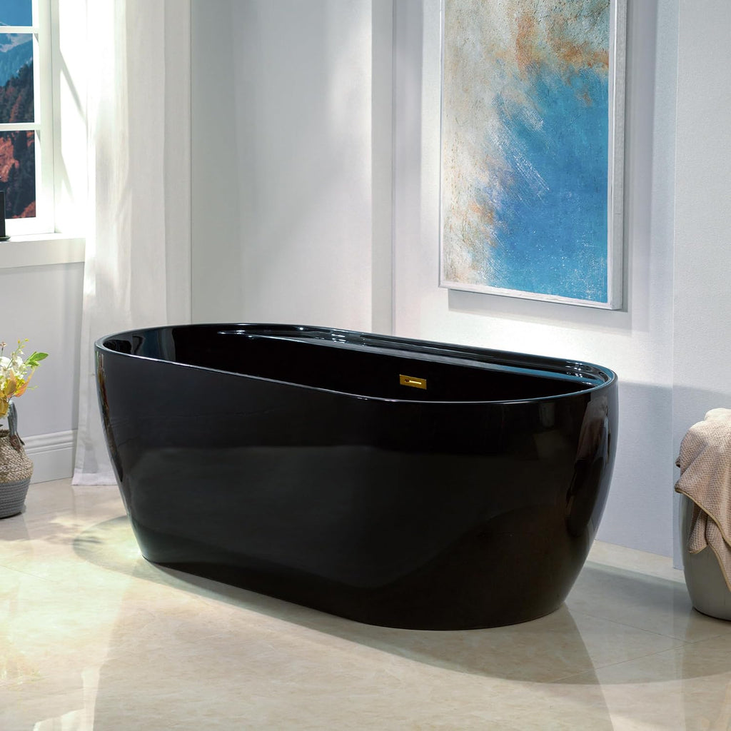 WOODBRIDGE 67' L x 31-1/2' W Freestanding Contemporary Acrylic Soaking Bathtub in Glossy Black Inside and Outside with Brushed Gold Drain & Overflow,B8863-BG