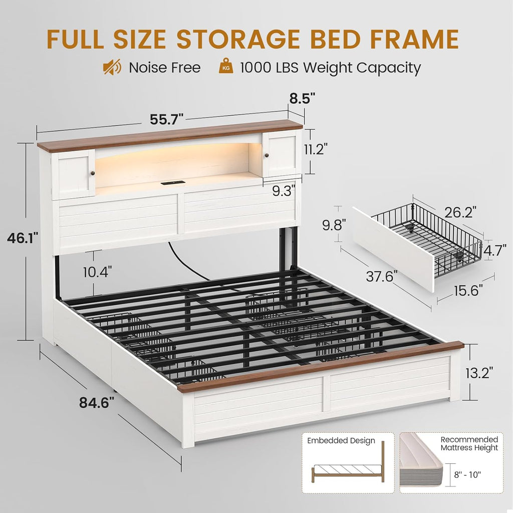MSmask Farmhouse Bed Frame Full Size with Bookcase and Storage Cabinets Headboard, Wood Platform Bed with LED Lights, Charging Station, 4 Drawers, Decoration Footboard, No Box Spring Needed, White