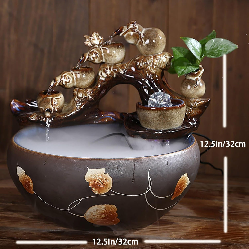 Tabletop Water Fountain, Mist Humidifier, Chinese Ceramic Desk Decor, Porcelain Indoor Feature for Living Room Office(D)