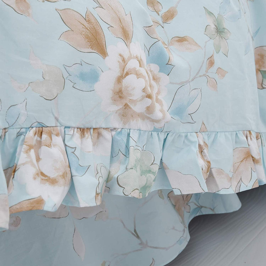 FADFAY Farmhouse Floral Bedding Shabby Blue Bird Print French Countryside Chic Bedding Set Luxury Bedskirt Collections 800 Thread Count 100% Egyptian Cotton, 4 Piece-California King Size