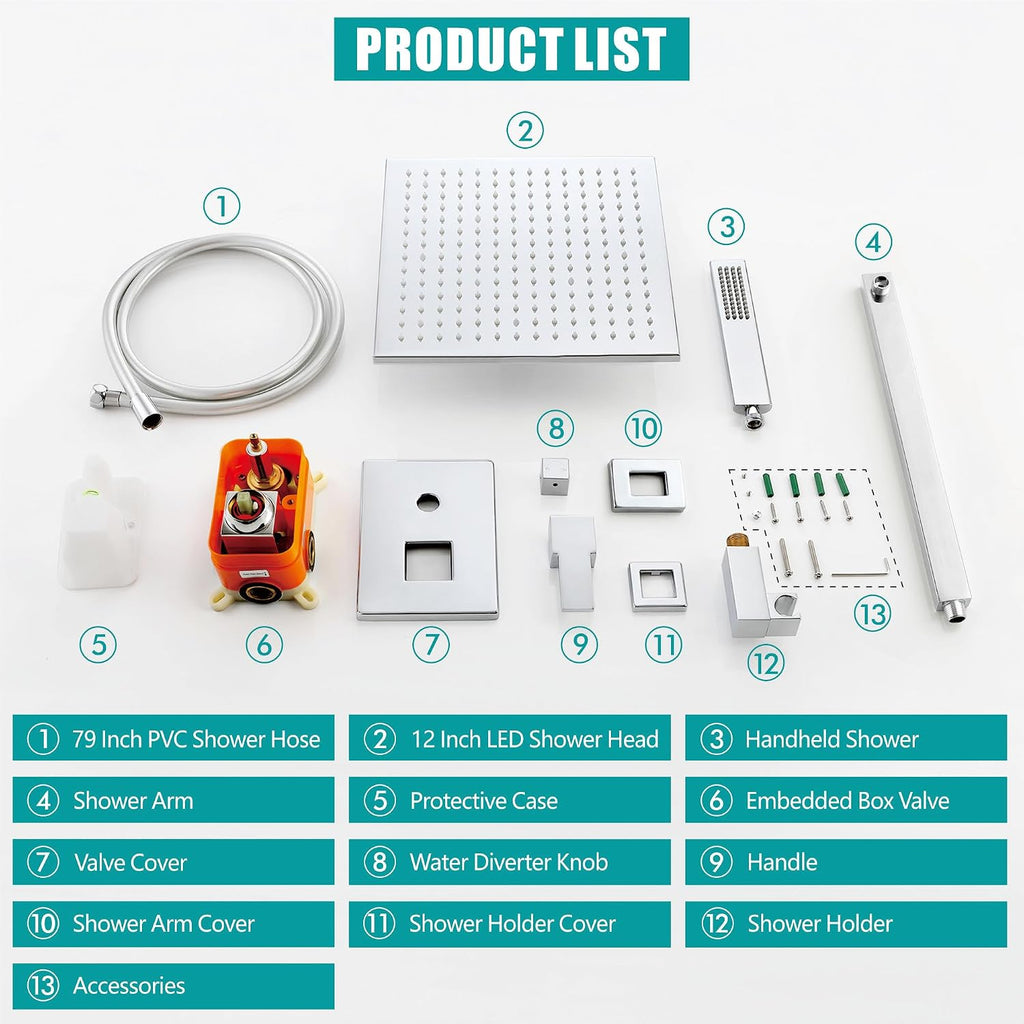 SKOWLL Shower Faucet Set with Handheld, Wall Mount 12 Inch Chrome Shower Head System, LED Overhead Shower Combo Set Rough-in Valve and Trim Included