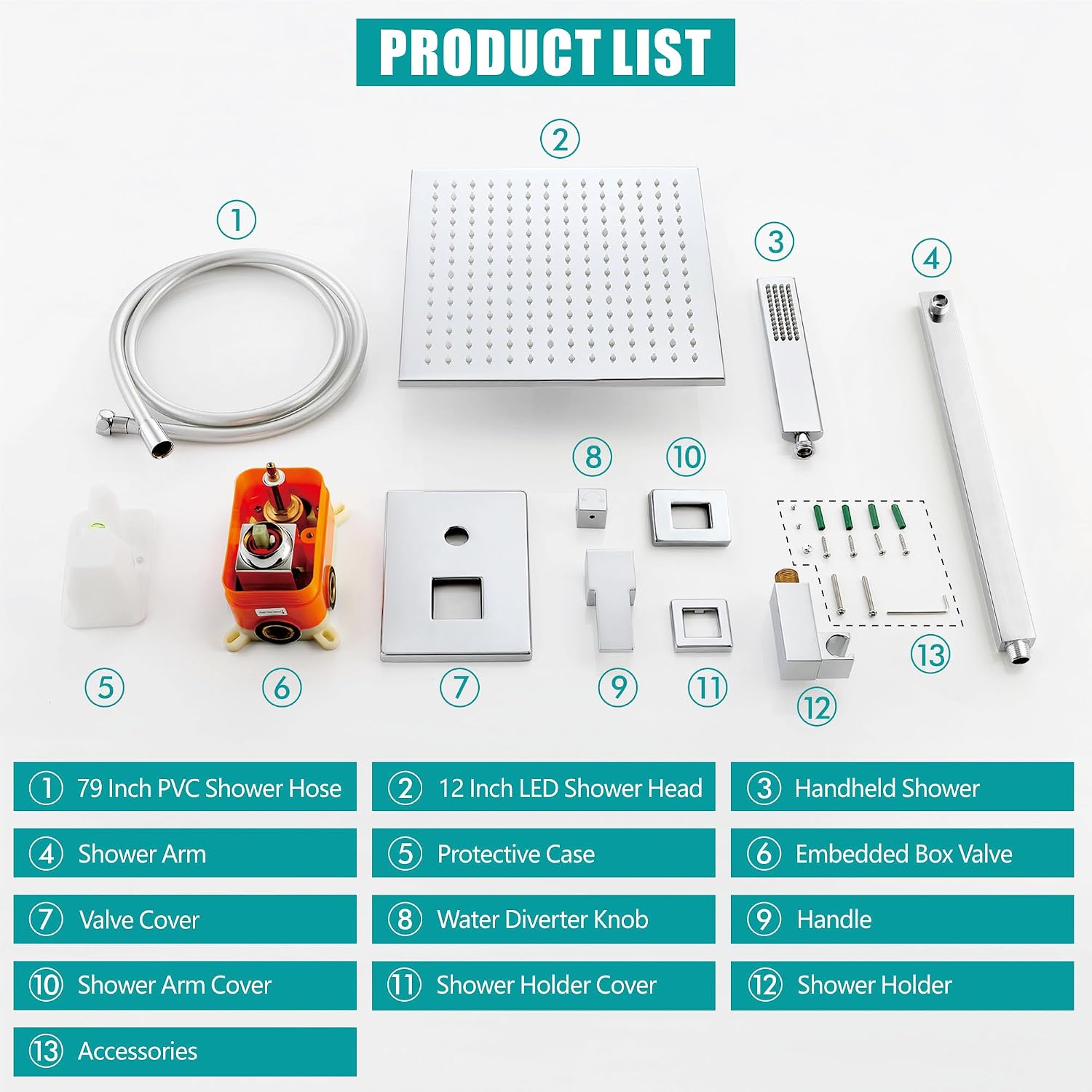 SKOWLL Shower Faucet Set with Handheld, Wall Mount 12 Inch Chrome Shower Head System, LED Overhead Shower Combo Set Rough-in Valve and Trim Included