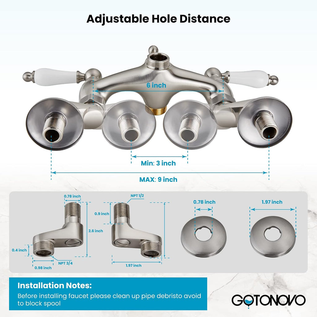 gotonovo Brushed Nickel Clawfoot Tub Faucet Wall Mount with Hand Held Shower Sprayer Bathtub Faucet Set Double Level Handle 6 Inch Center with Adapter Adjustable Swing Arms