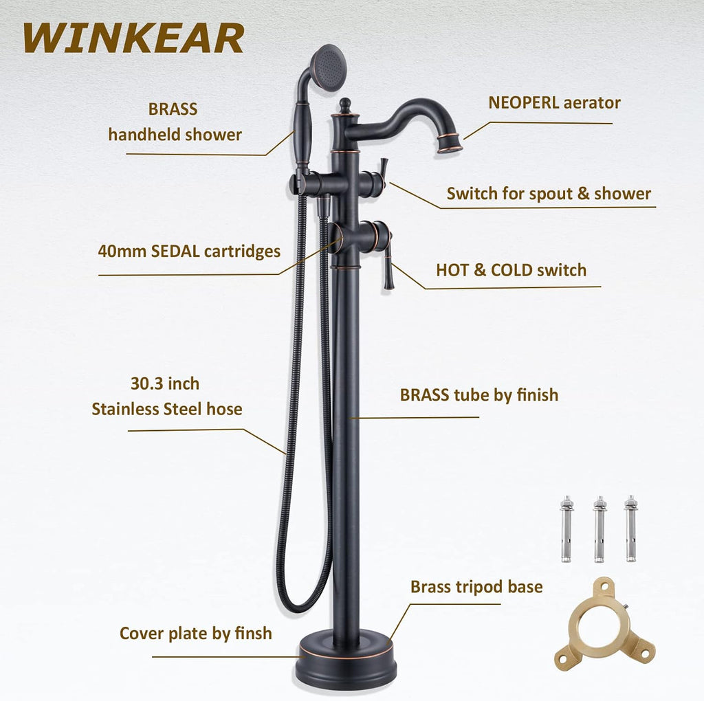 Roman Bathroom Faucet Set, Single Hole Sink Faucet With Pop Up Drain, Free Standing Tub Faucet Filler with High Pressure Handheld Shower, Oil Rubber Bronze