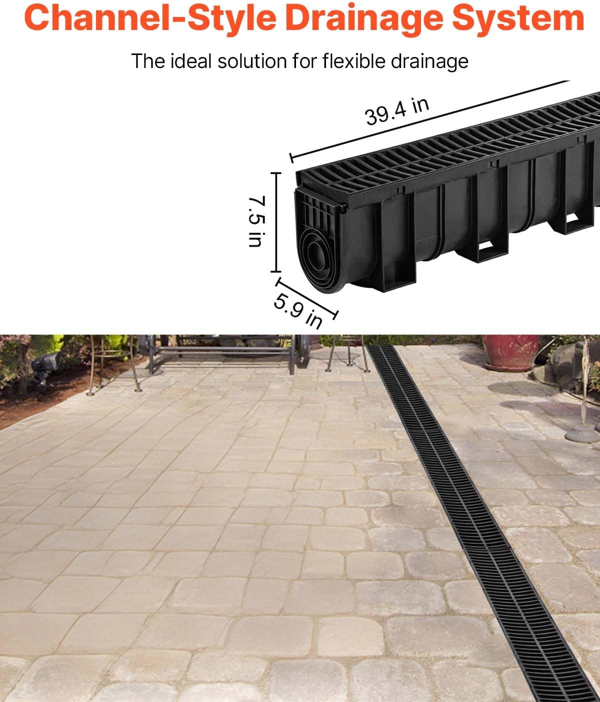 VEVOR Trench Drain System 4 Pack, Channel Drain with Plastic Grate 5.9 x 7.5 in HDPE Drainage Trench, Black Plastic Garage Floor Waterway 4 x 39 in with 4 End Caps for Garden Driveway