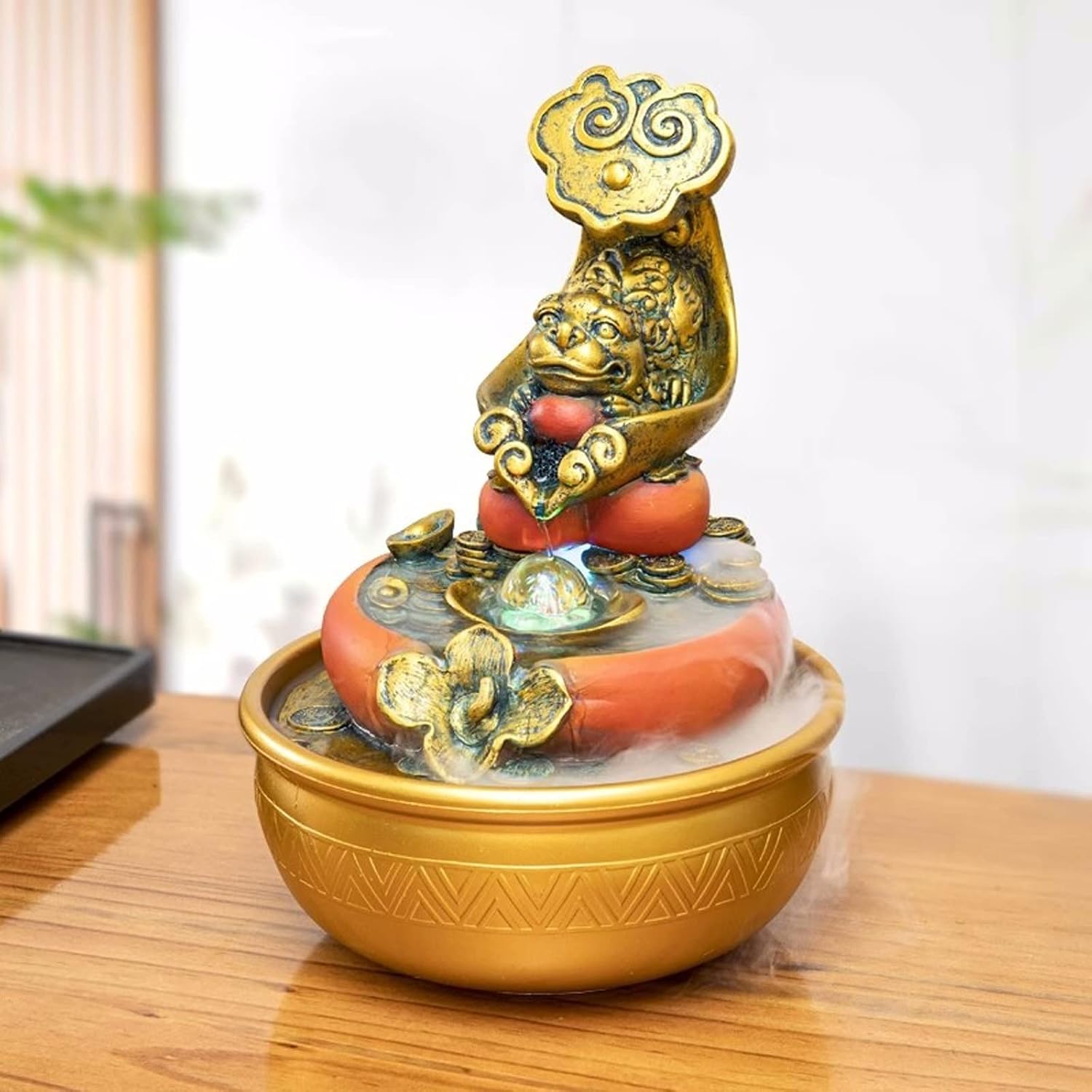 HIHELO Desktop Fountain Resin Tabletop Fountain Waterfall Decoration with LED Lights Portable Tabletop Decoration Zen Meditation Waterfall for Office Living Room Water Fountain Outdoor (Color : A)