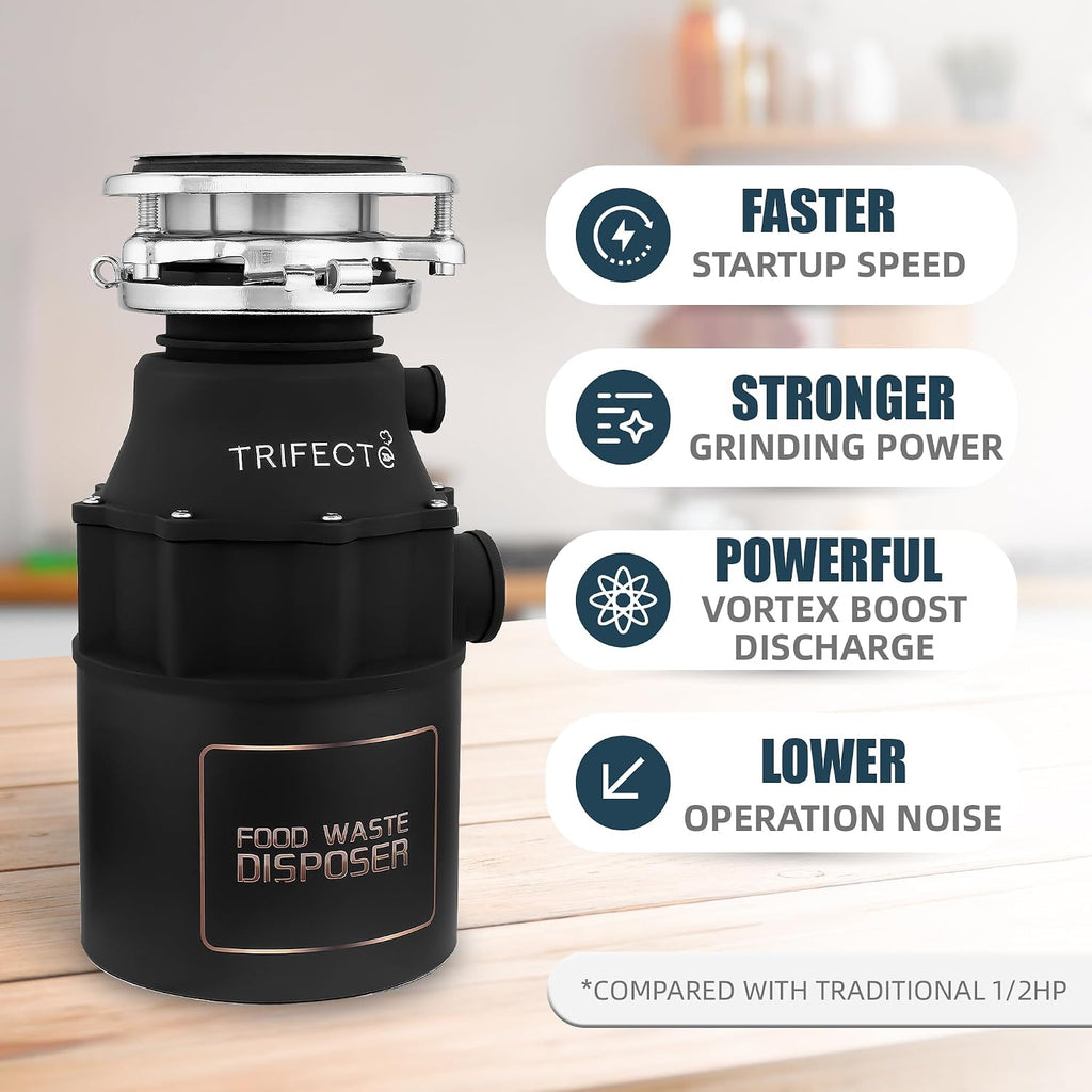 Trifecte Garbage Disposal 1/2 HP for Sink, Continuous Feed Food Waste Disposer with Power Cord, Faster and Powerful 0.5 HP Kitchen Waste Grinder with Dishwasher Hookup, Matte Black