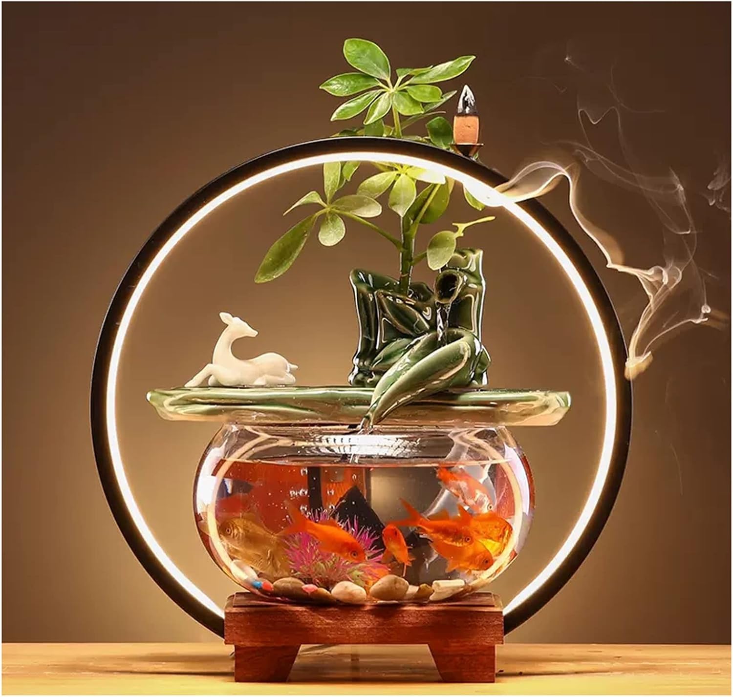 HIHELO Desktop Fountain Indoor Relax Tabletop Fountain with Glass Fish Tank, Wooden Base and LED Lights, Indoor Zen Tabletop Relax Water Feature Water Fountain Outdoor (Color : E)
