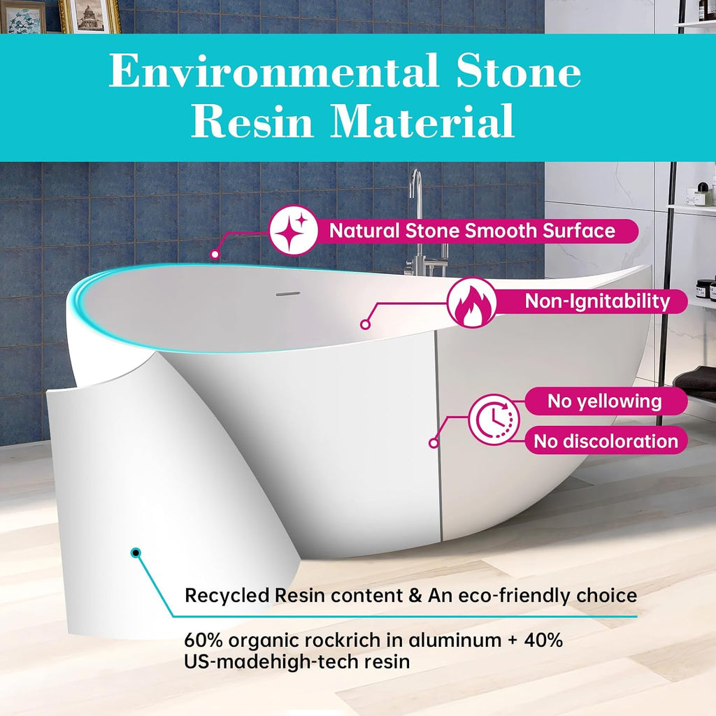 63'' Solid Surface Freestanding Bathtub Matte Soaking Bathtubs Tubs Oval Resin Stone Bathtubs with Overflow and Pop-up Drain - White Free Standing Tub