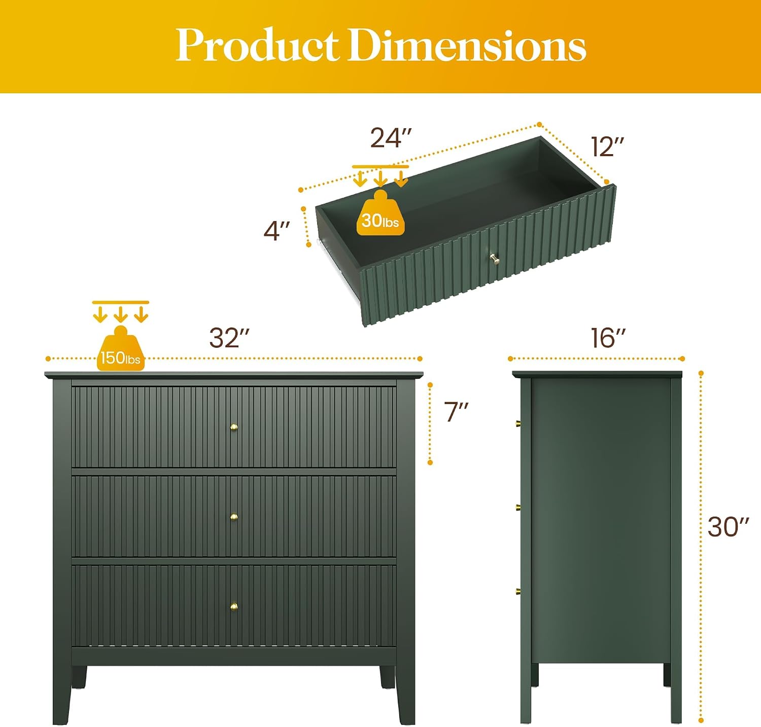 May in Color Large Green 3 Drawer Dresser, Painted 30 Inch Tall Wood Nightstand with Storage, Wide Modern Chest of Drawers with Ball Bearing Slide for Bedroom Hallway Living Room Entryway Office