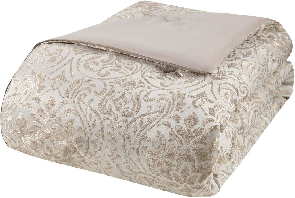 Madison Park Emilia Bed in a Bag Comforter Set with Sheets, Gold Metallic Jacquard Damask Design, Traditional, All Season Bedding Includes Bedskirt, Shams, Toss Pillows, King Khaki/Gold 12 Piece