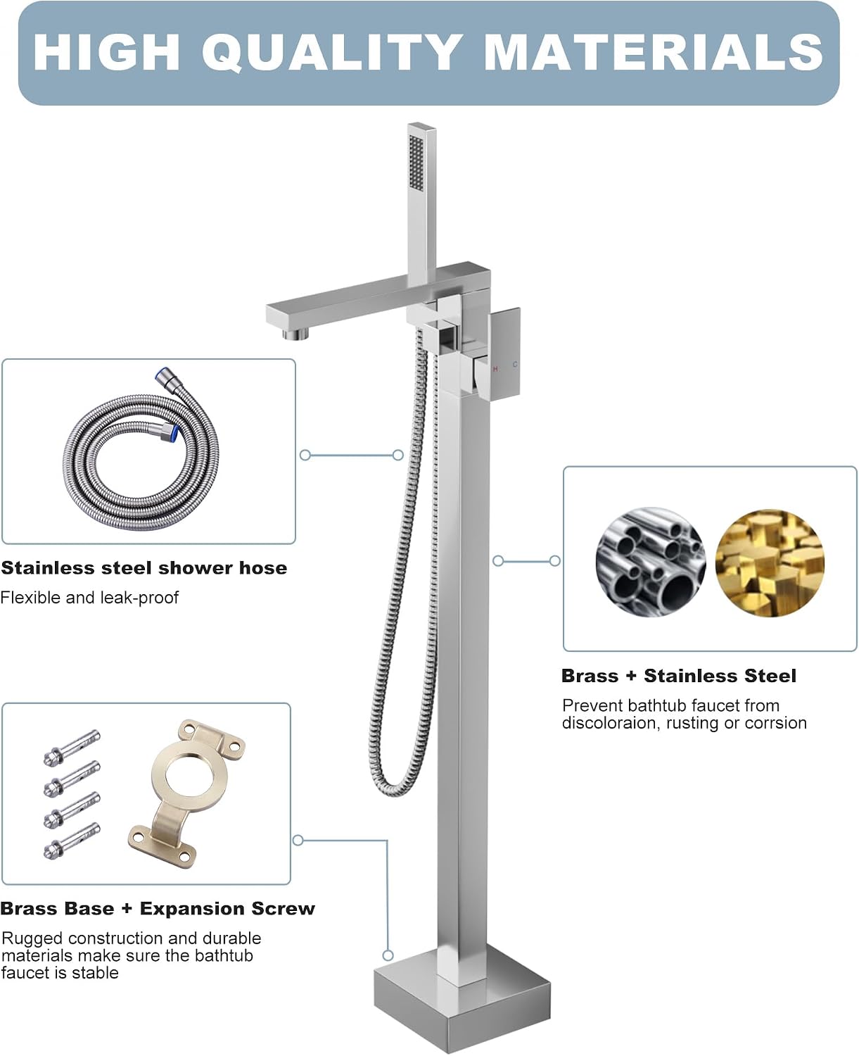 Free Standing Tub Faucet Brushed Nickel,Freestanding Bathtub Faucet For Luxury Bathtub,High Flow Tub Filler,Swivel Spout Brass Construction with Handheld Shower