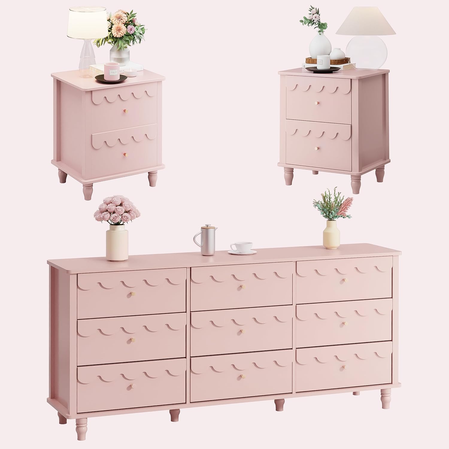 Anbuy Bedroom Sets 9 Drawer Dresser and Night Stand Sets for Bedroom, Two Drawers Nightstand Set of 2 & 9 Drawer Dresser Combo 3 Pieces (Pink)