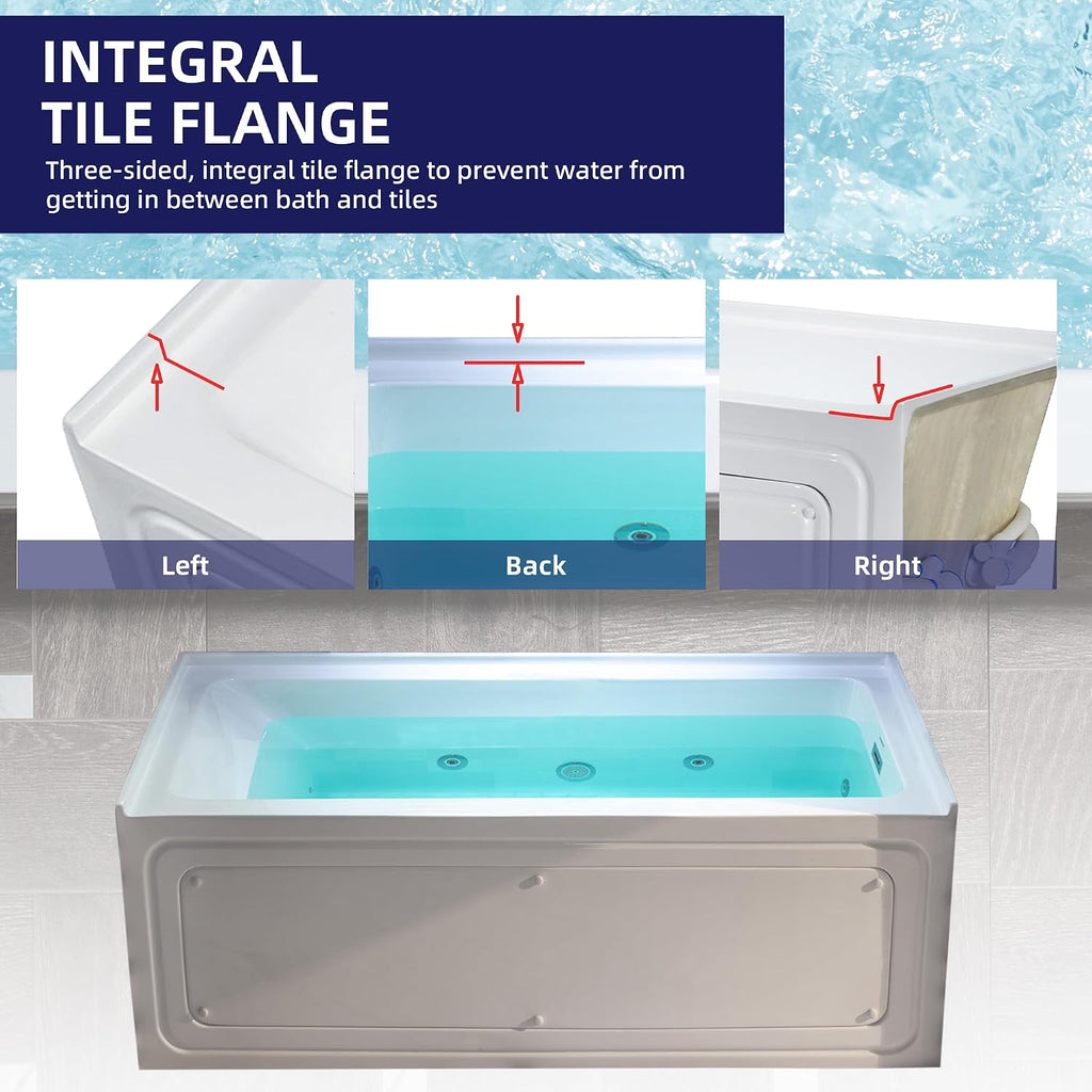 WOODBRIDGE 60' x 30' Alcove Acrylic Rectangular Whirlpool Heated Jetted Tub in White with right Drain, Polished Chrome Finish, BS666-R-CH01