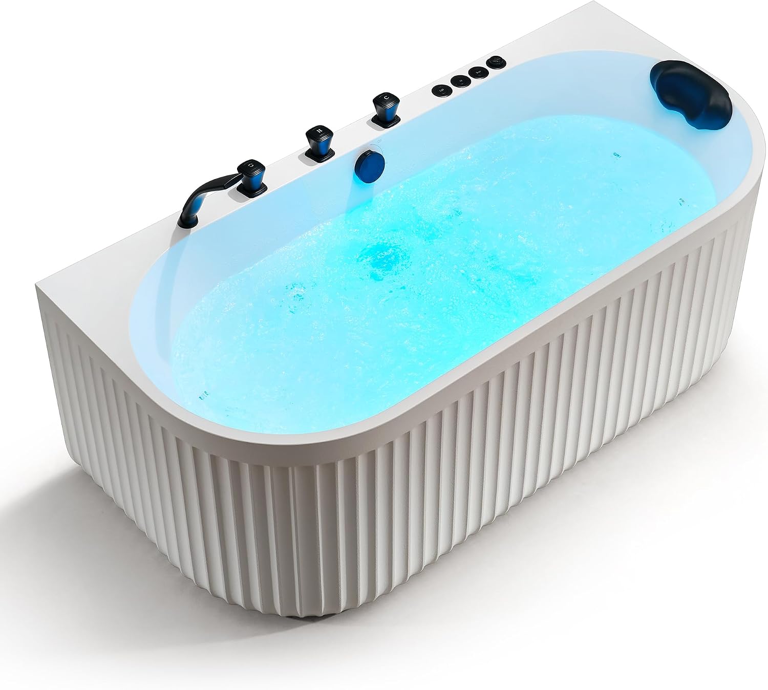 ANZZI Stone Bell 67' x 32' Freestanding Bathtub, Center Drain | Flat Bottom Tub with Air and Whirlpool Massage Jets, Lights, 5-Piece Faucet, 92 Gallon Free Standing Tub - White and Black