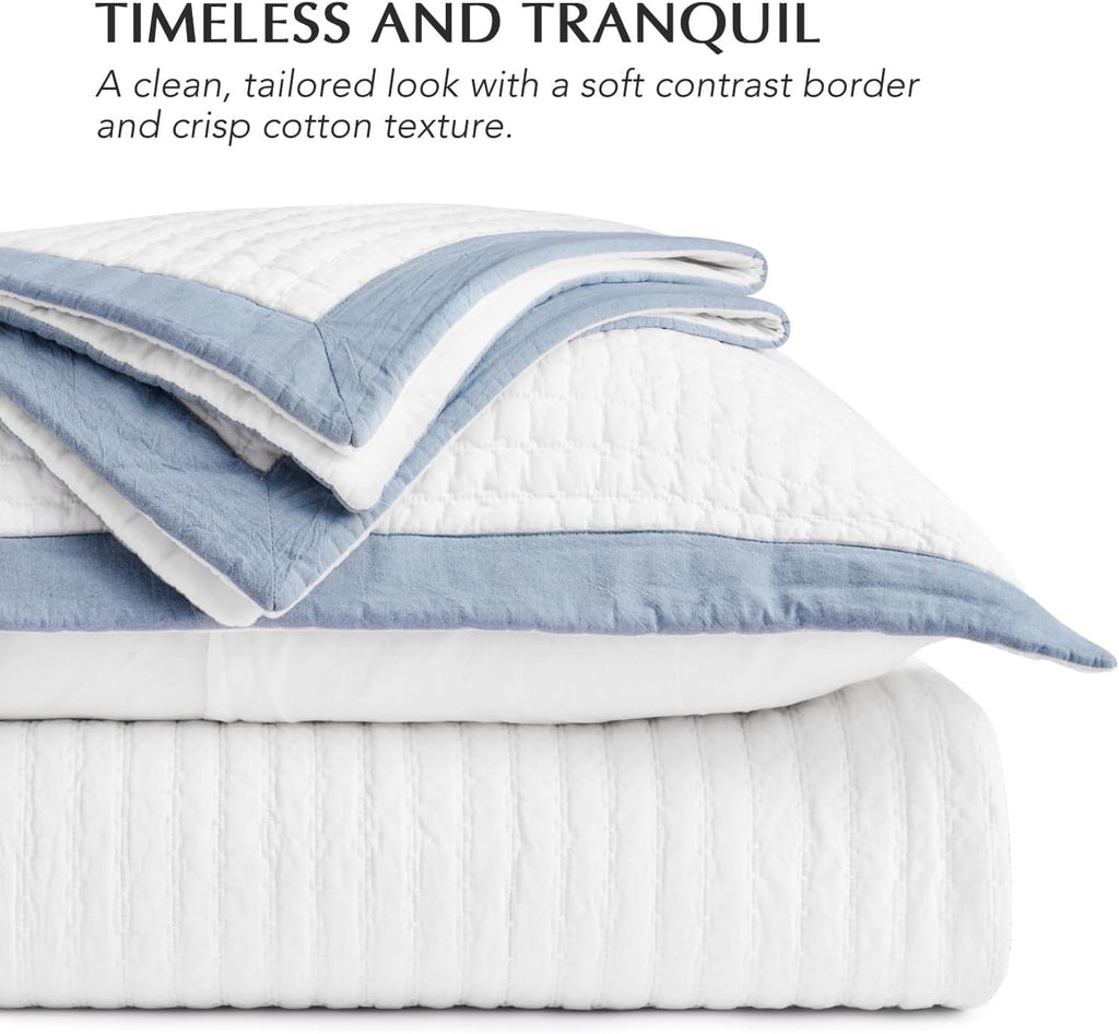 EVERGRACE Cotton Border Frame Tack-Stitch Quilt Bedding Set Queen Size, Coastal Oversized 3 Pieces Lightweight Bedspread Coverlet for All Season, with 2 Matching Shams, Blue Linen
