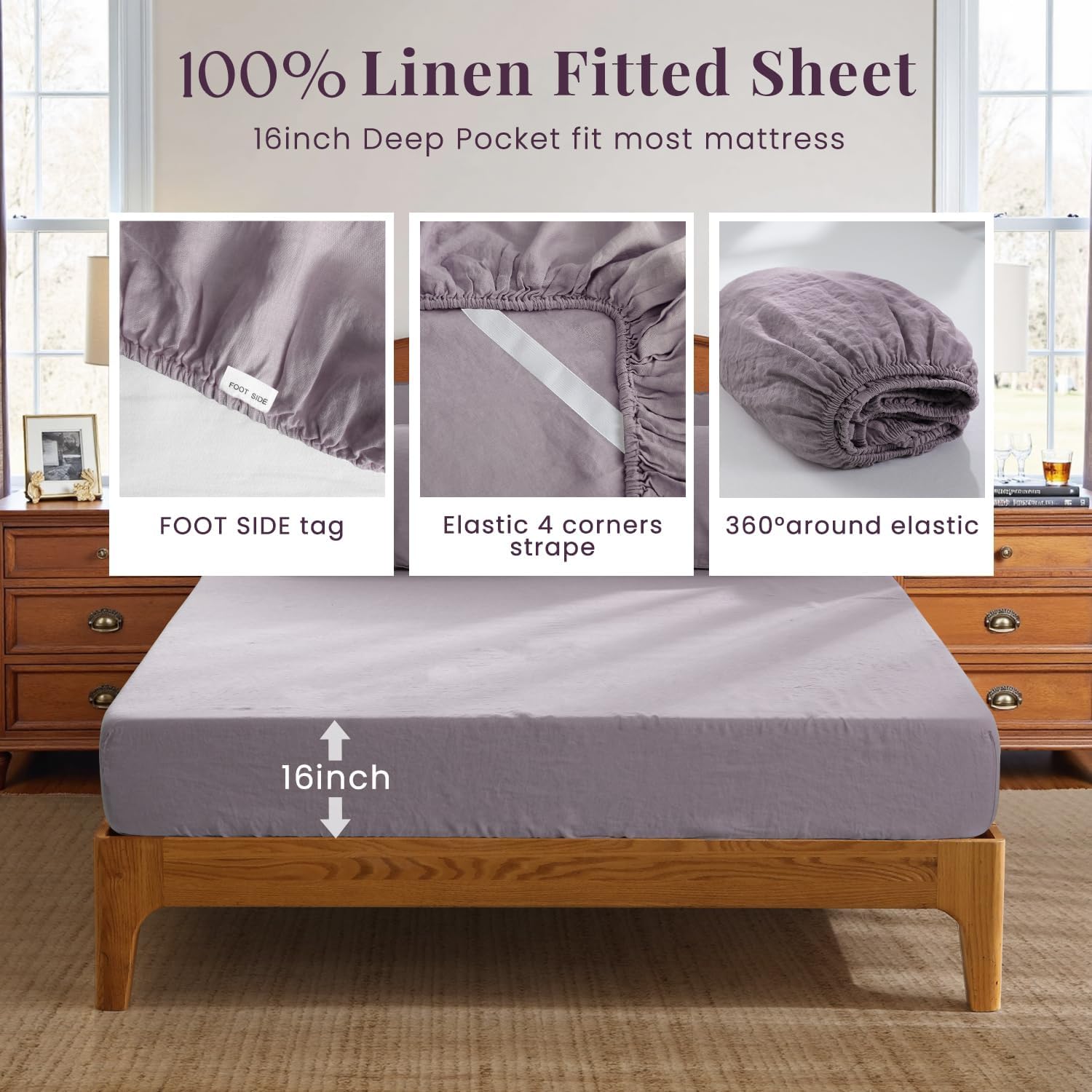 S VICTORY SYMBOL 100% Organic Linen Sheets Set,Washed French Flax Bed Sheets 3 Pieces Twin Size,Natural Linen Bedding Breathable Durable-Dusty Purple