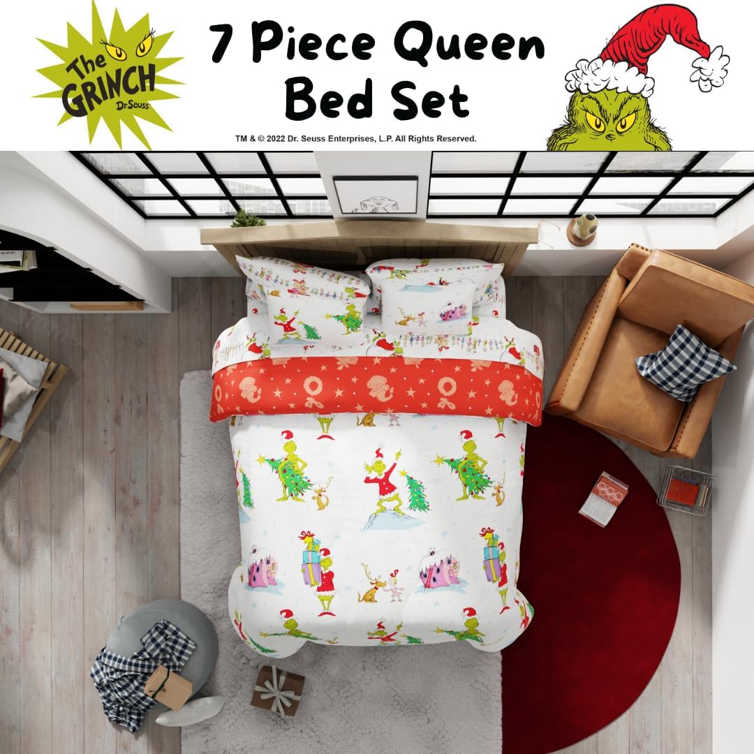Grinch By Dr. Seuss Holiday & Christmas Bedding Super Soft Comforter and Sheet Set with Sham, 7 Piece Queen Size (Official Dr. Seuss Product) By Franco