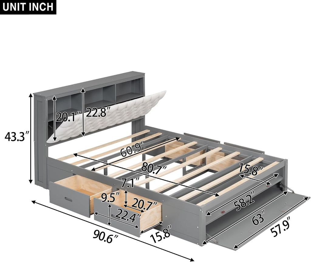 Harper & Bright Designs Queen Storage Bed Frame with Shoes Rack, Wood Queen Platform Bed with Upholstered Headboard and 4 Drawers, Modern Queen Size Bed for Bedroom, No Box Spring Needed, Gray