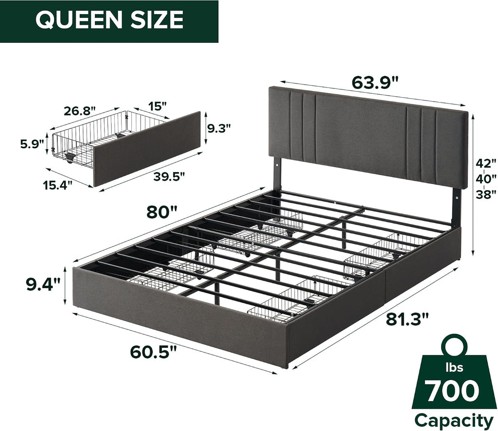 Zinus Billie Platform Bed Frame, Four Underbed Storage Drawers, Height Adjustable Headboard, Upholstered Style, Queen