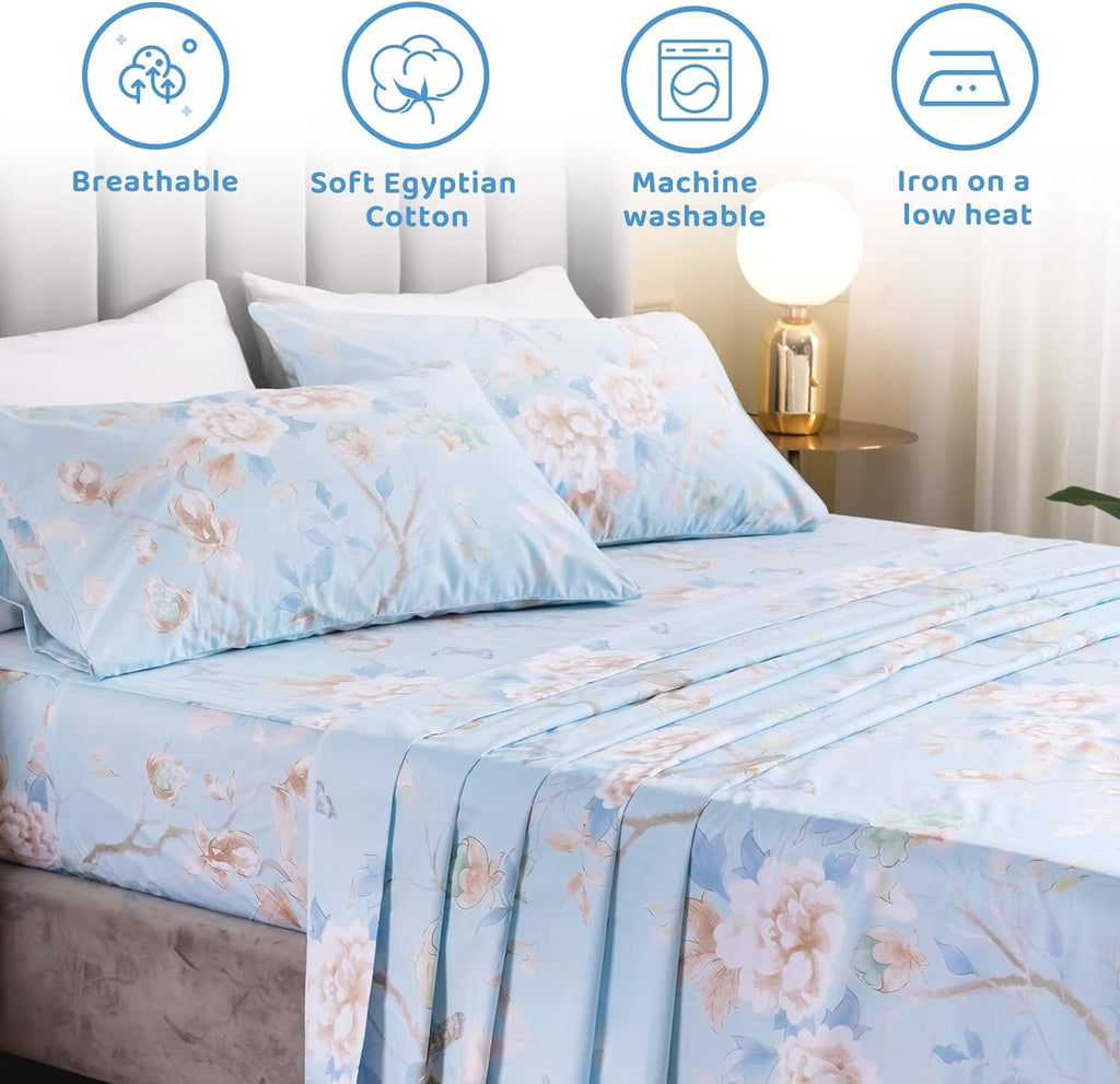 QSH 100% Egyptian Cotton Cal King Sheets, Blue Bird Plant Pattern Botanical Luxury Cotton Printed Flower California King Bedding Sheets, 4pcs Deep Pocket California King Floral Bed Sheet Set