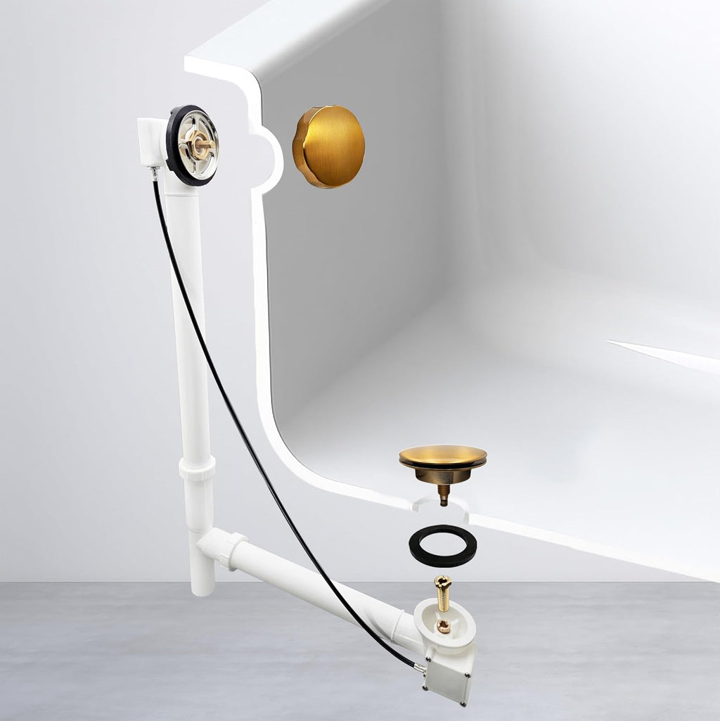 Westbrass A50P27TLE-18 27' Cable Drive Bath Drain Trim Kit with Rotary Overflow Cover Knob, European Stopper and Poly Tubular Pipes, Brushed Bronze