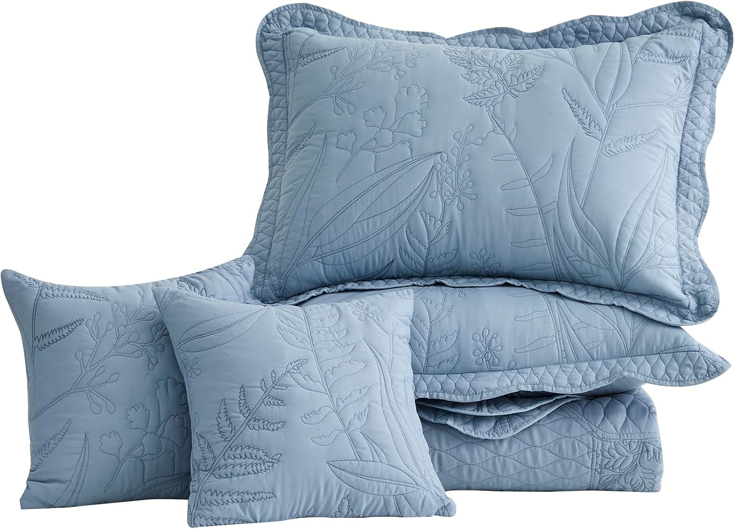 DaisyHuang Botanical Bedspread Full Size - Leaves Pattern Stitching Quilt Set - Elegant & Fresh Style Bedding Coverlets, Reversible, Lightweight, 5 Piece, Ashley Blue
