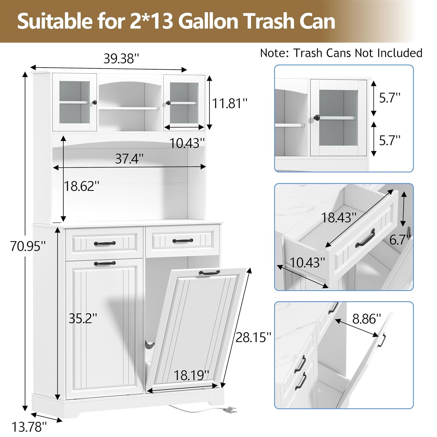 Double 13 Gallon Tilt Out Trash Can Cabinet with Deodorizing Function and Power Outlet, 71' Tall Wooden Garbage Can Holder Cabinet with 2 Storage Hutch & 2 Drawers for Kitchen and Dining Room, White