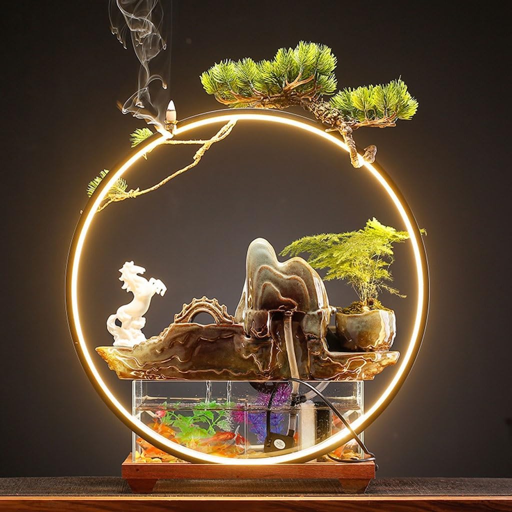 GUERNSEY Tabletop Fountain Chinese Style Mountain Flowing Water Desktop Ornaments Creative Indoor Fish Tank Circulating Water Table Fountain Indoor Waterfall Feature Indoor Fountain