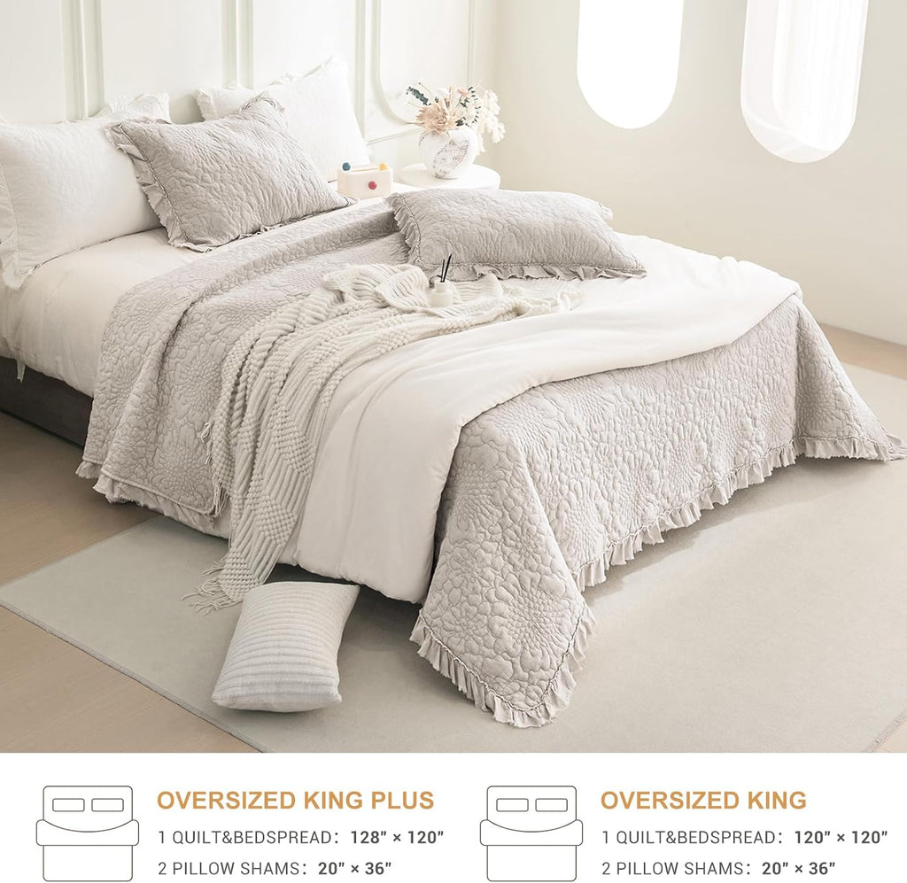 QSH Light Wheat Oversized King Quilt Bedspread Set(120'x120'),3PCs Stonewashed Cotton Ruffled Quilt California King,Ultra Soft Lightweight Crinkled Shabby Farmhouse Chic Bedspread Coverlet Bedding Set